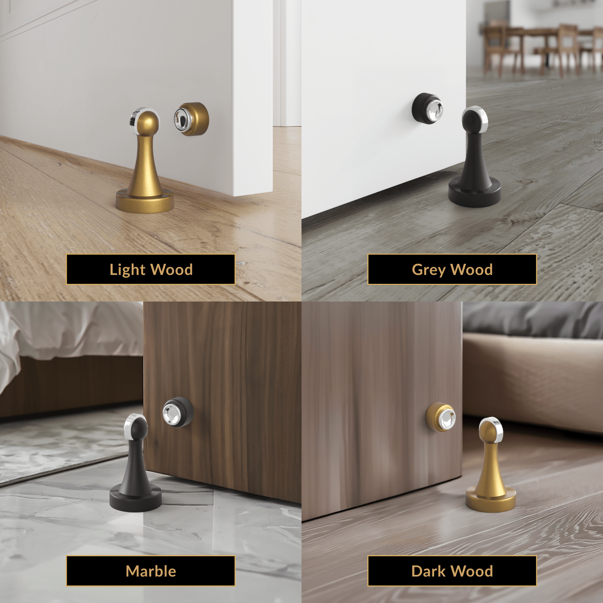 Noka door stop shown by a door over light wood, grey wood, marble and dark wood floors