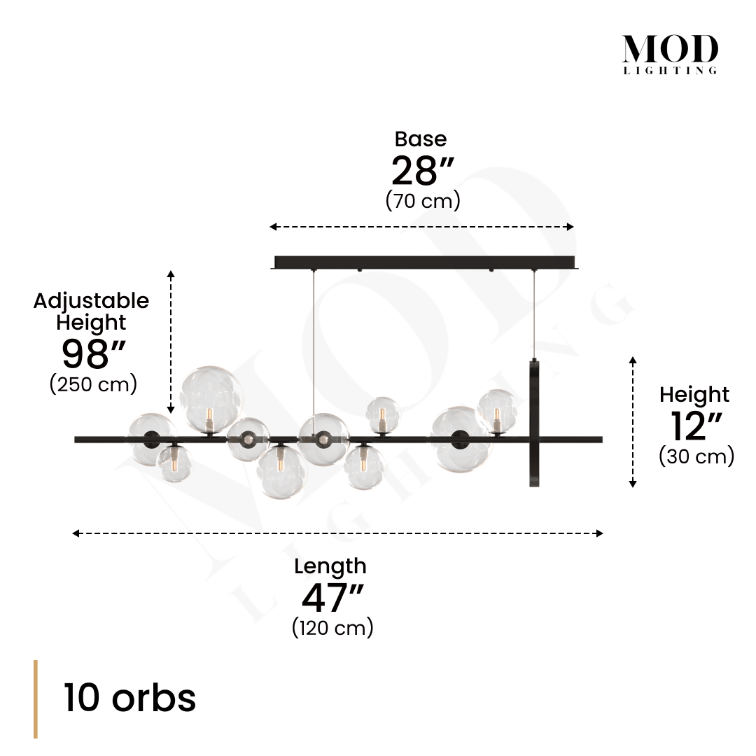 Bailey chandelier dimension diagram, 10-orb version: 47 in length, 28 in base, 12 in height