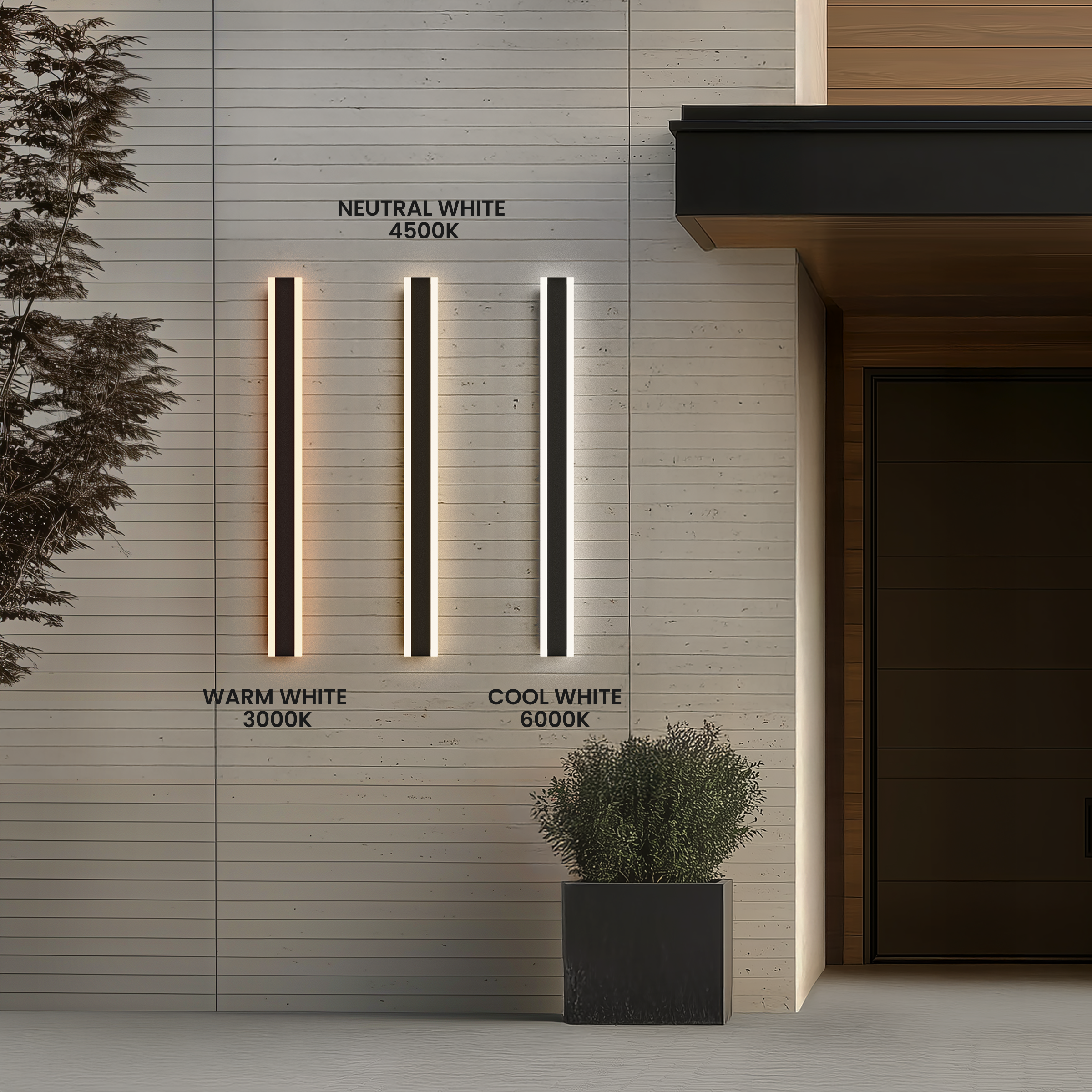 Haylen black linear LED wall lights on an exterior wall in warm white, neutral white and cool white tones