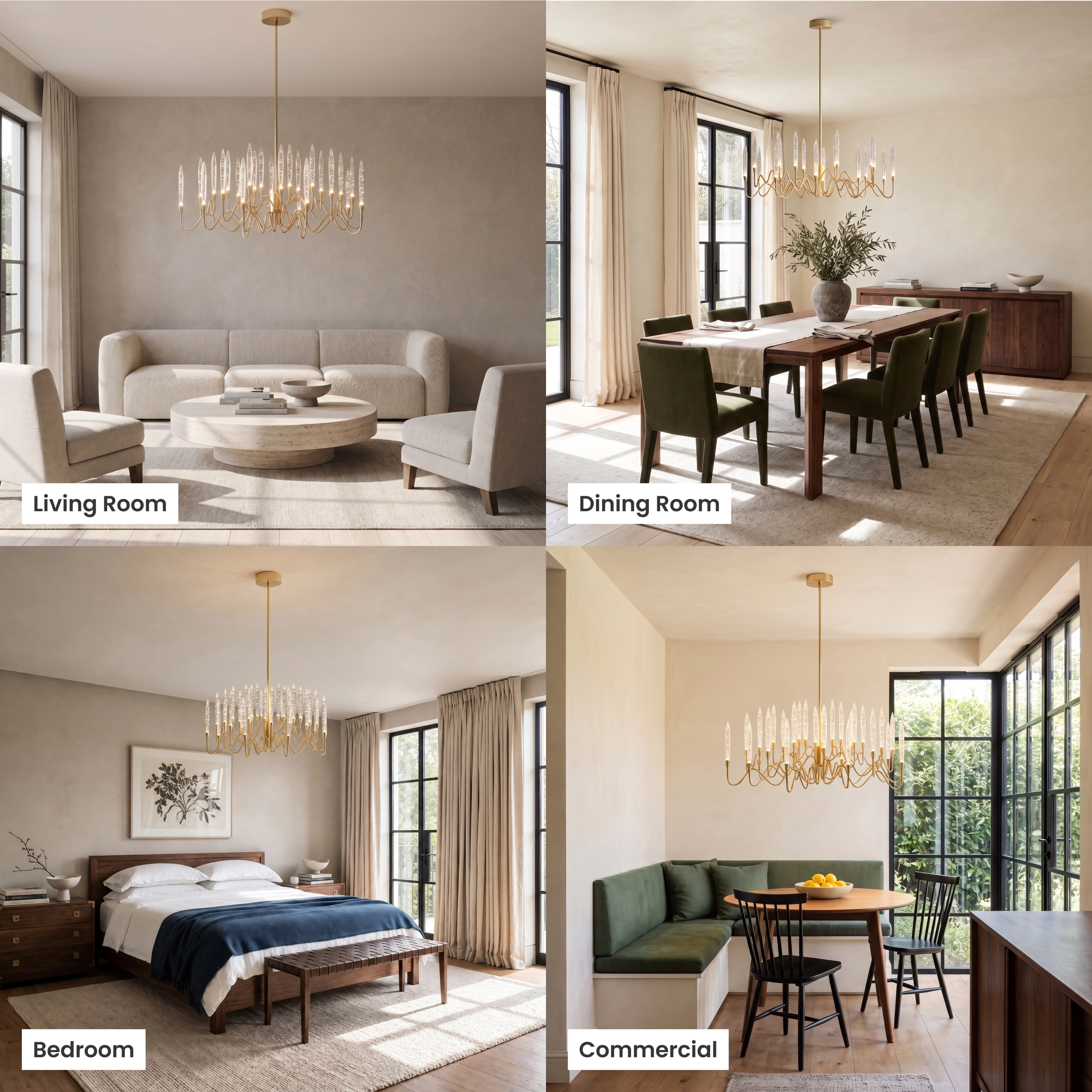 Kanderella gold crystal chandelier shown in four room settings: living room, dining room, bedroom and commercial
