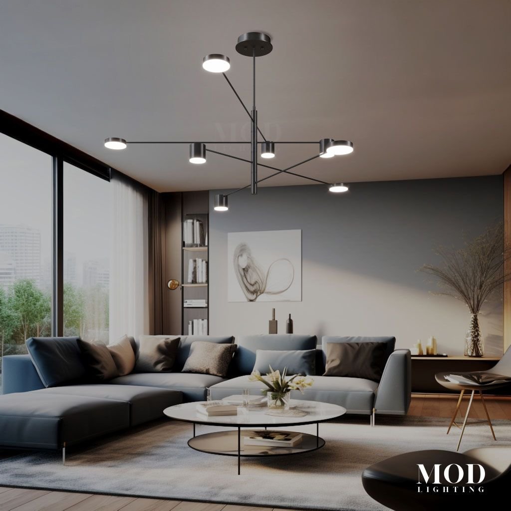 Lynx ceiling light, black arms with round flat disc heads at varied angles, over a blue sectional sofa