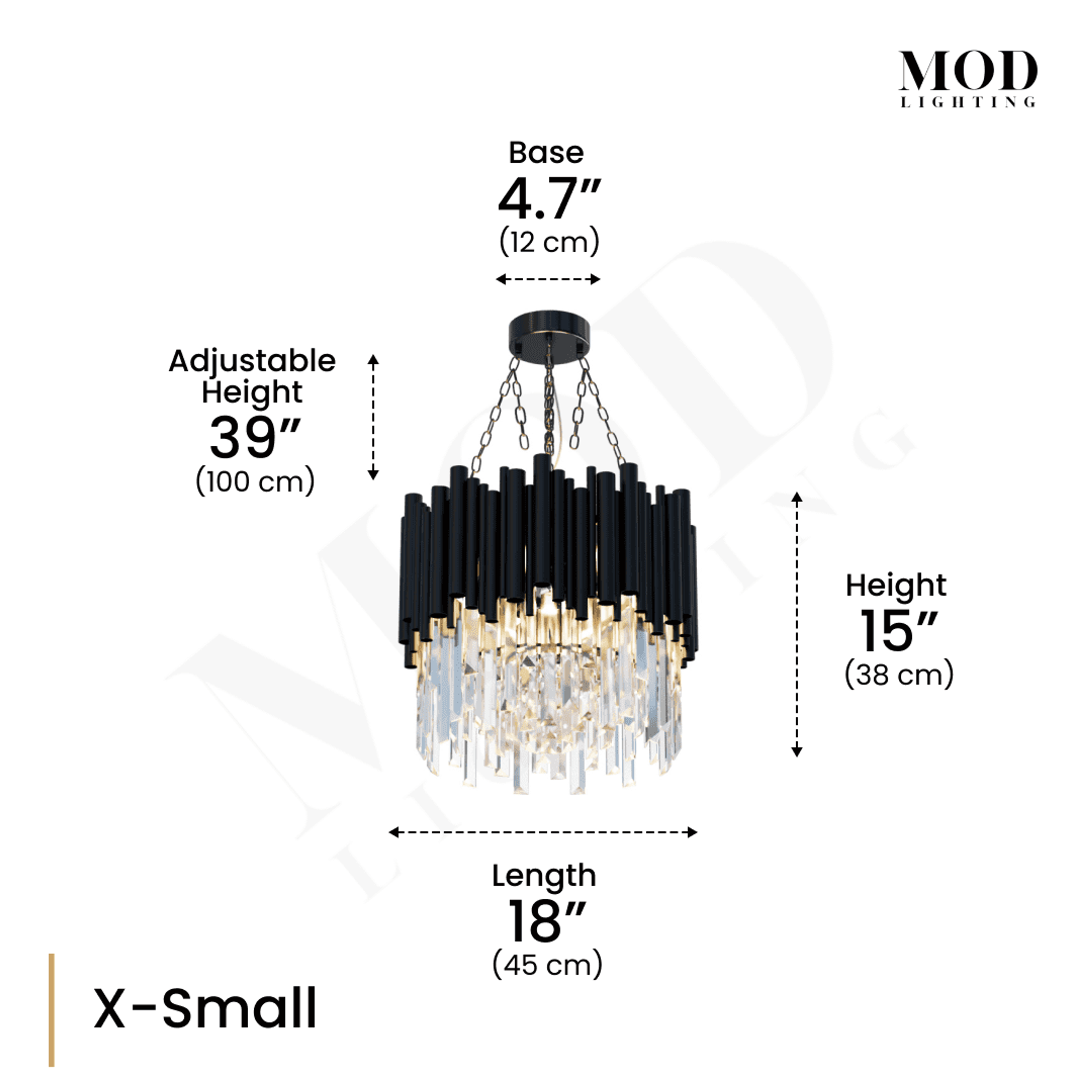 Obsidian crystal chandelier Small dimension diagram, 24" length, 15" height, chain-hung, 6" base