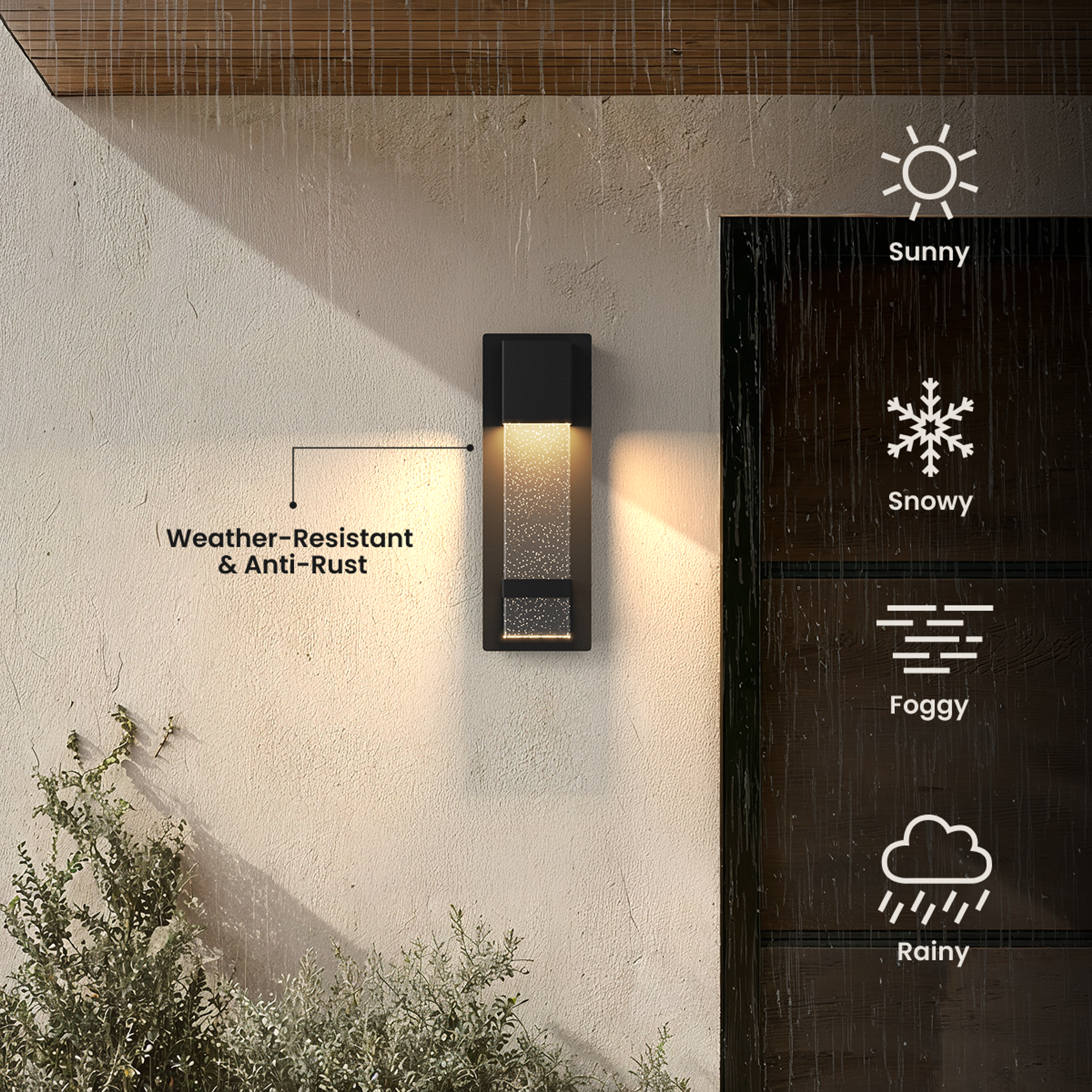 Nova black outdoor sconce, bubble-glass column glowing on a stucco wall, weather-resistant and anti-rust callout
