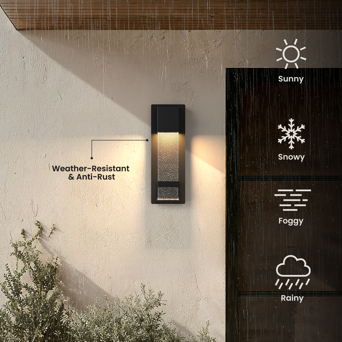 Nova black outdoor sconce, bubble-glass column glowing on a stucco wall, weather-resistant and anti-rust callout