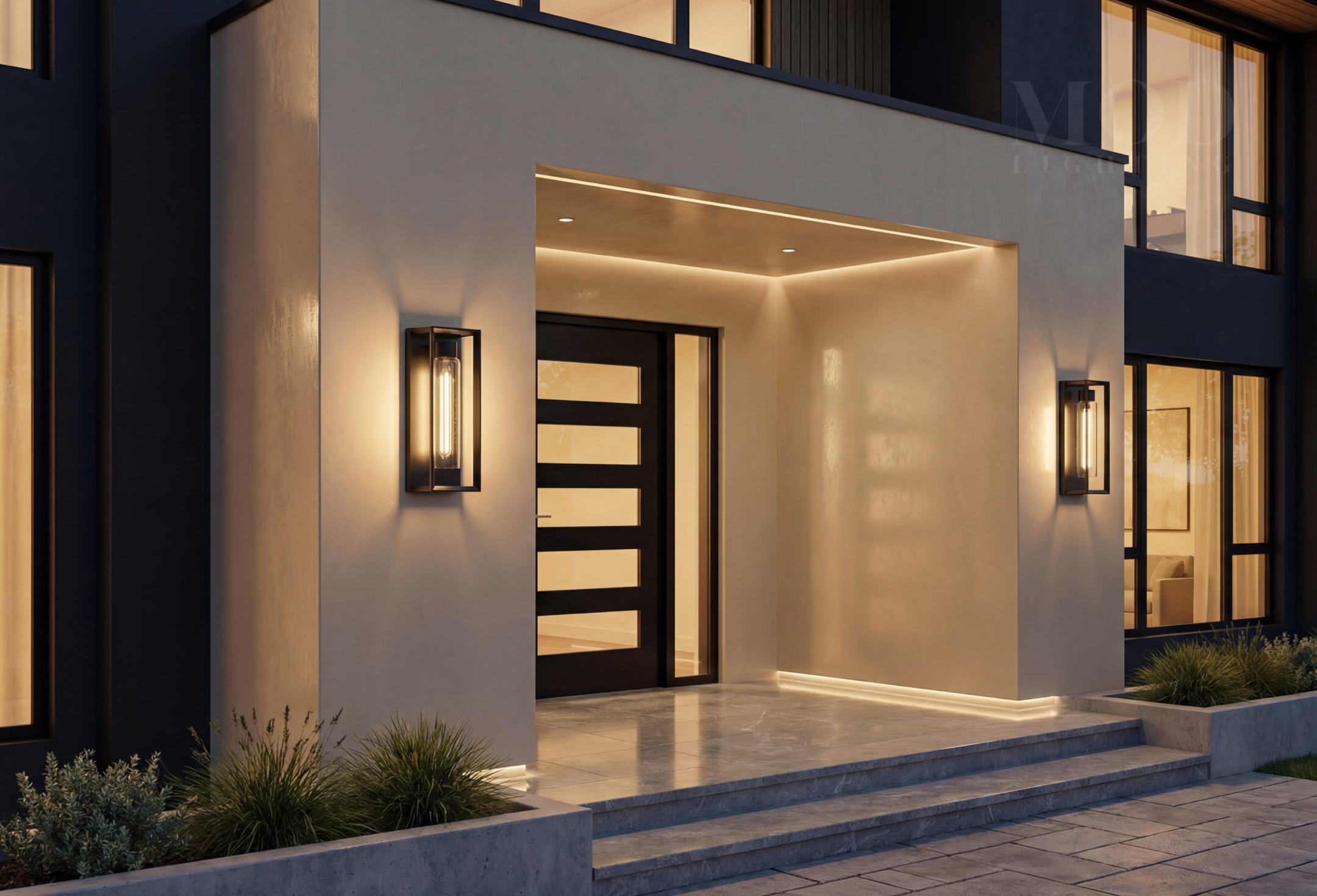 Warm modern home exterior lit at night, welcoming and designed