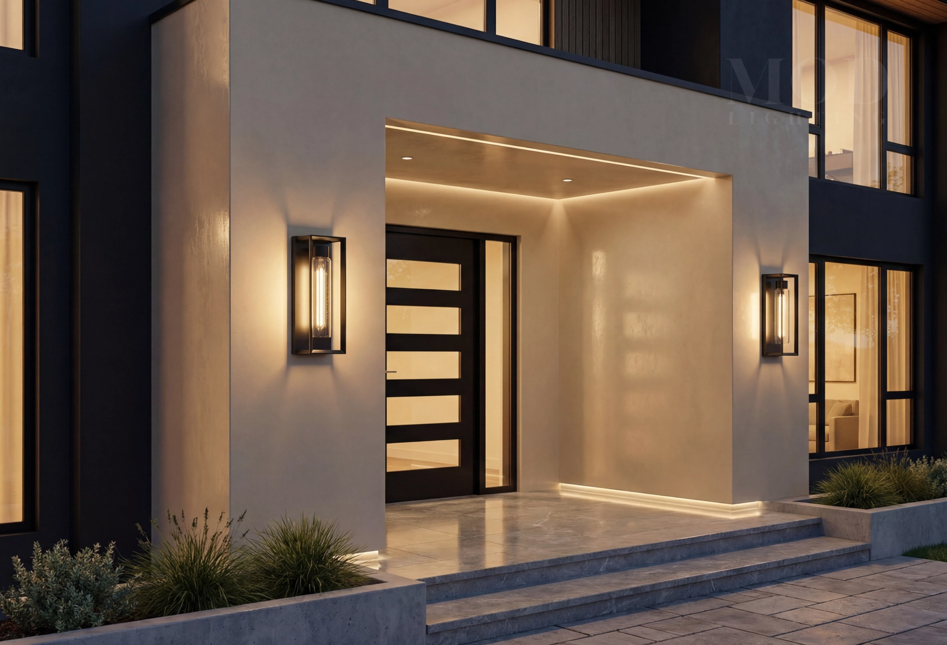 Warm modern home exterior lit at night, welcoming and designed