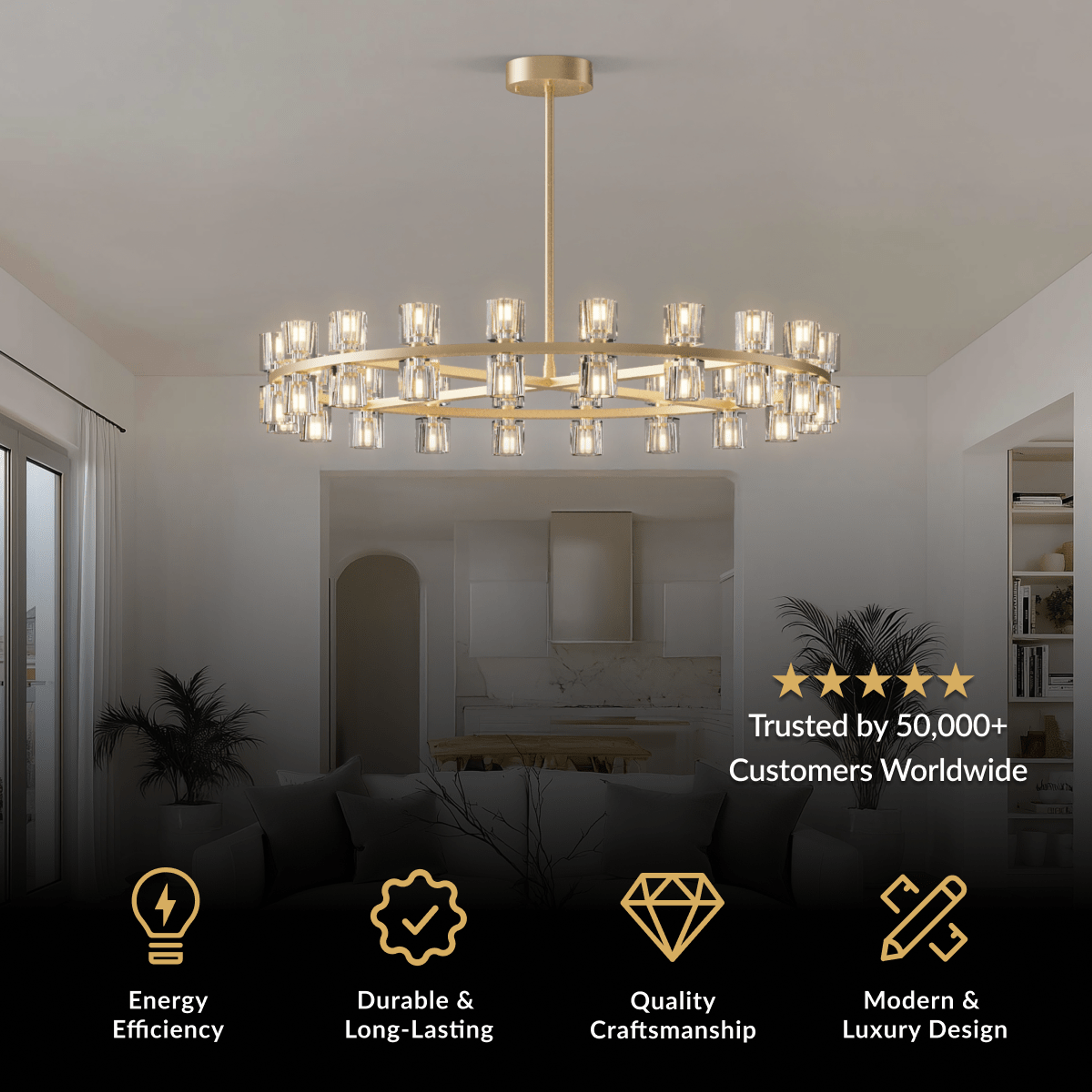 Sunrise Chandelier, single circular brass frame ringed with vertical crystal shades in a room