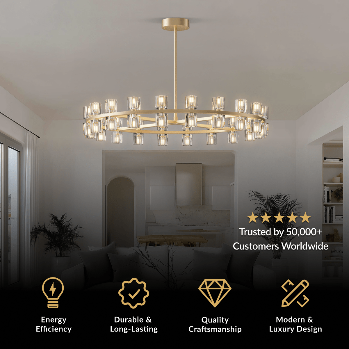 Sunrise Chandelier, single circular brass frame ringed with vertical crystal shades in a room