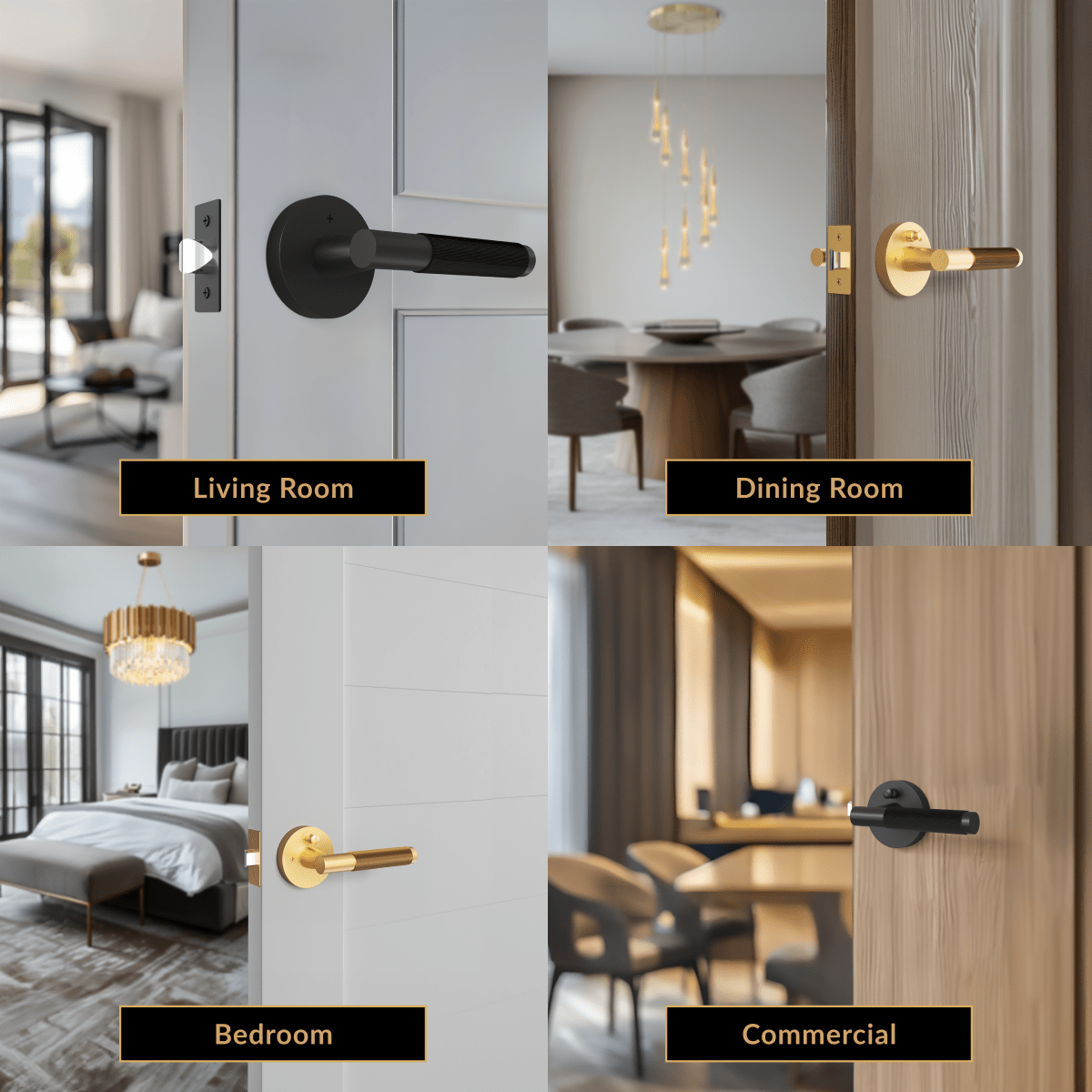 Carrington modern door handle, black and brushed-gold levers shown in living, dining, bedroom and commercial rooms