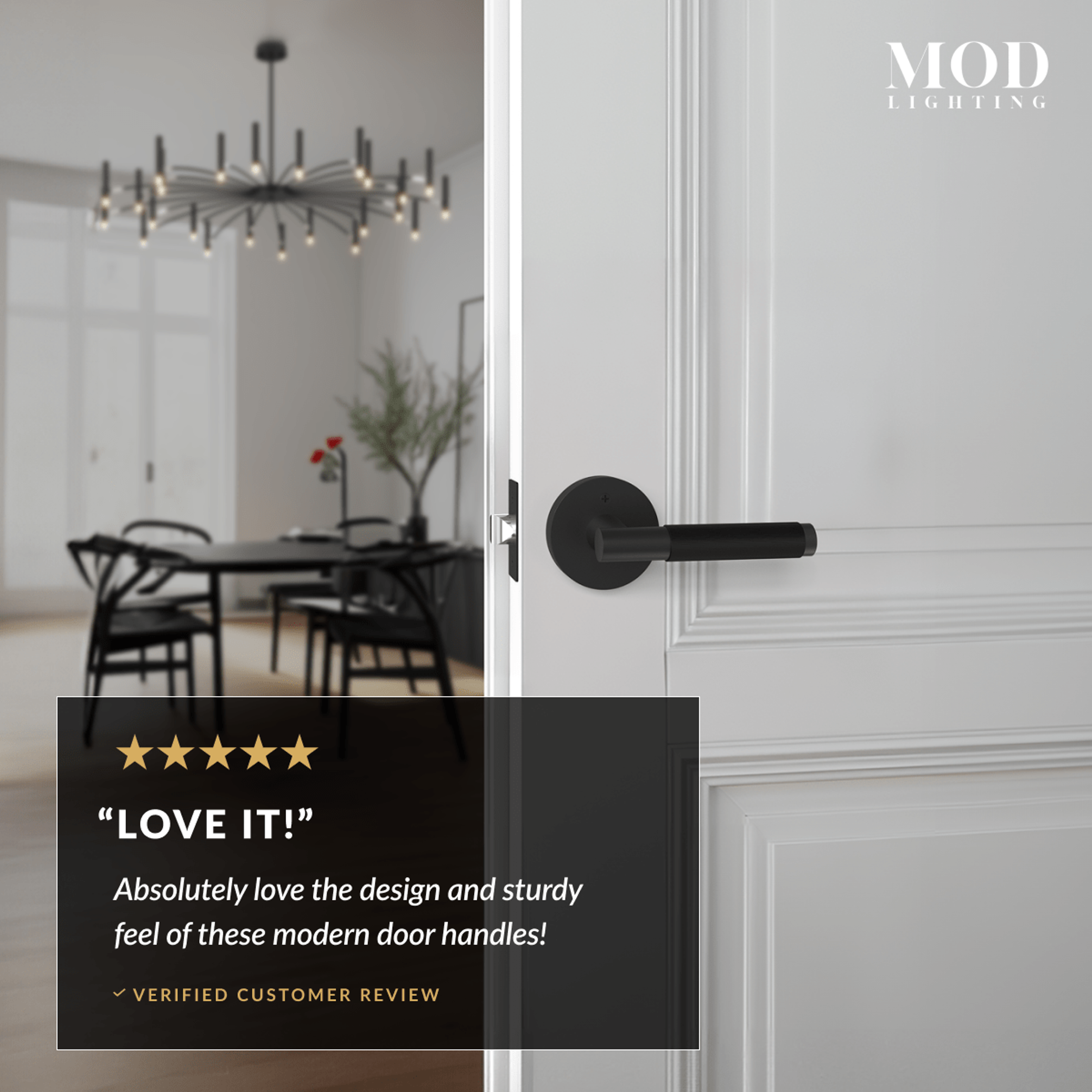 Carrington matte black door lever on a white paneled door beside a five-star customer review