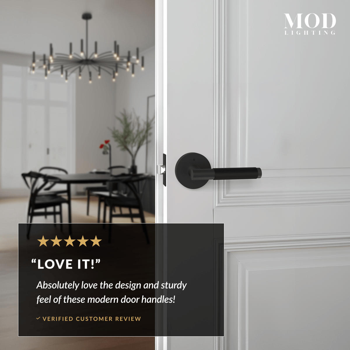 Carrington matte black door lever on a white paneled door beside a five-star customer review