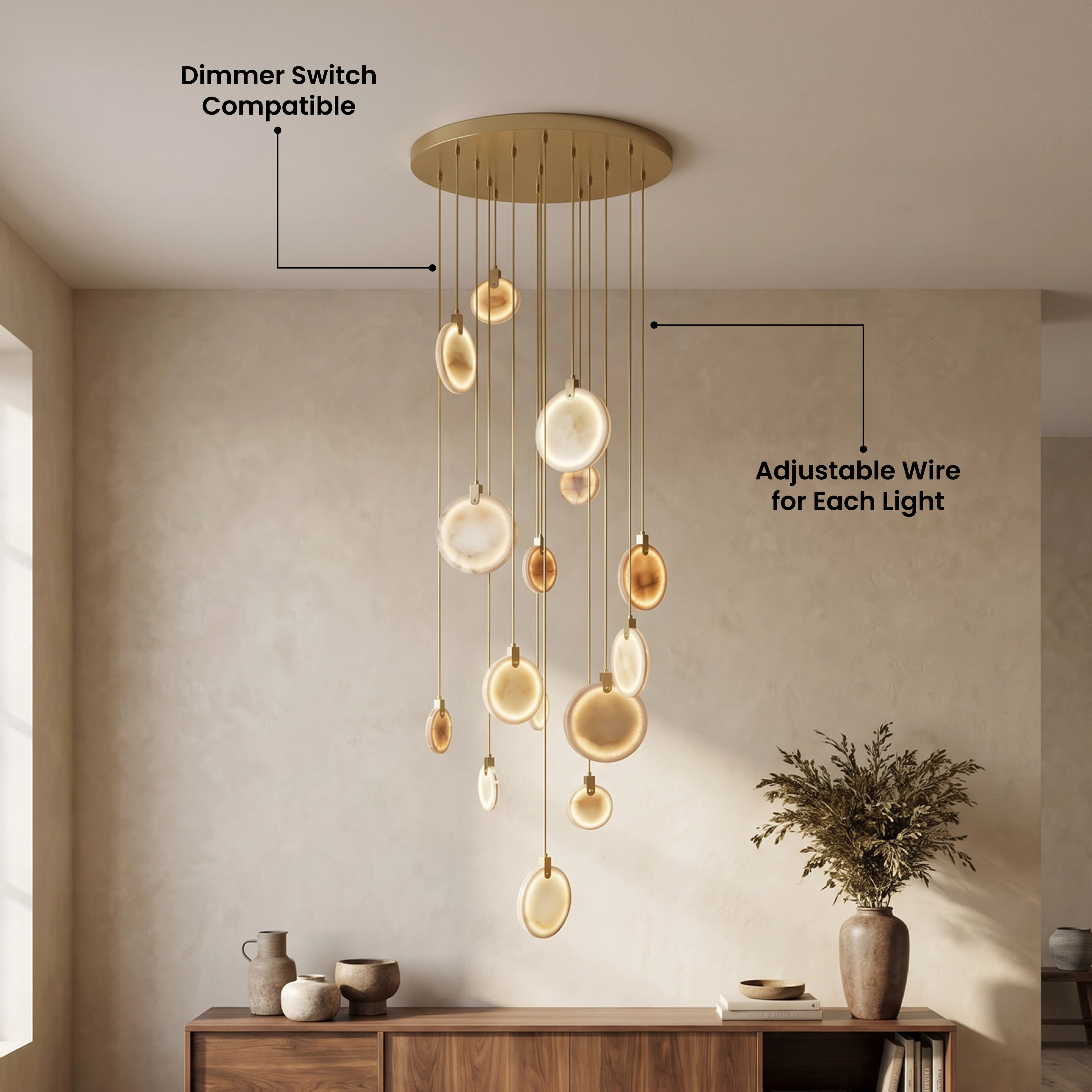Marble alabaster-disc pendant cluster of five glowing discs hanging in a tall paneled corner