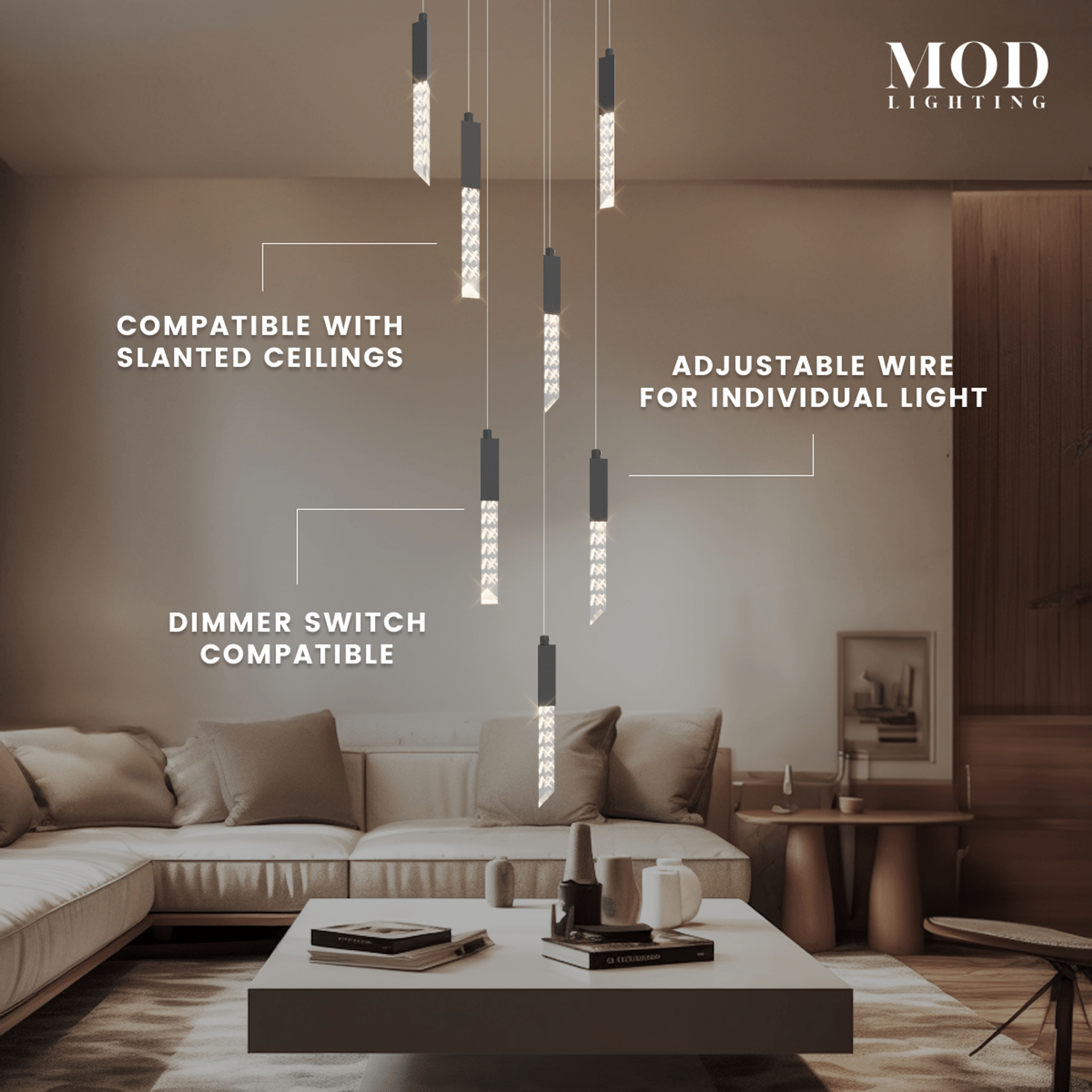 Cosmo black cascading pendant chandelier, thin crystal-tipped rods spiraling over a modern living room sofa