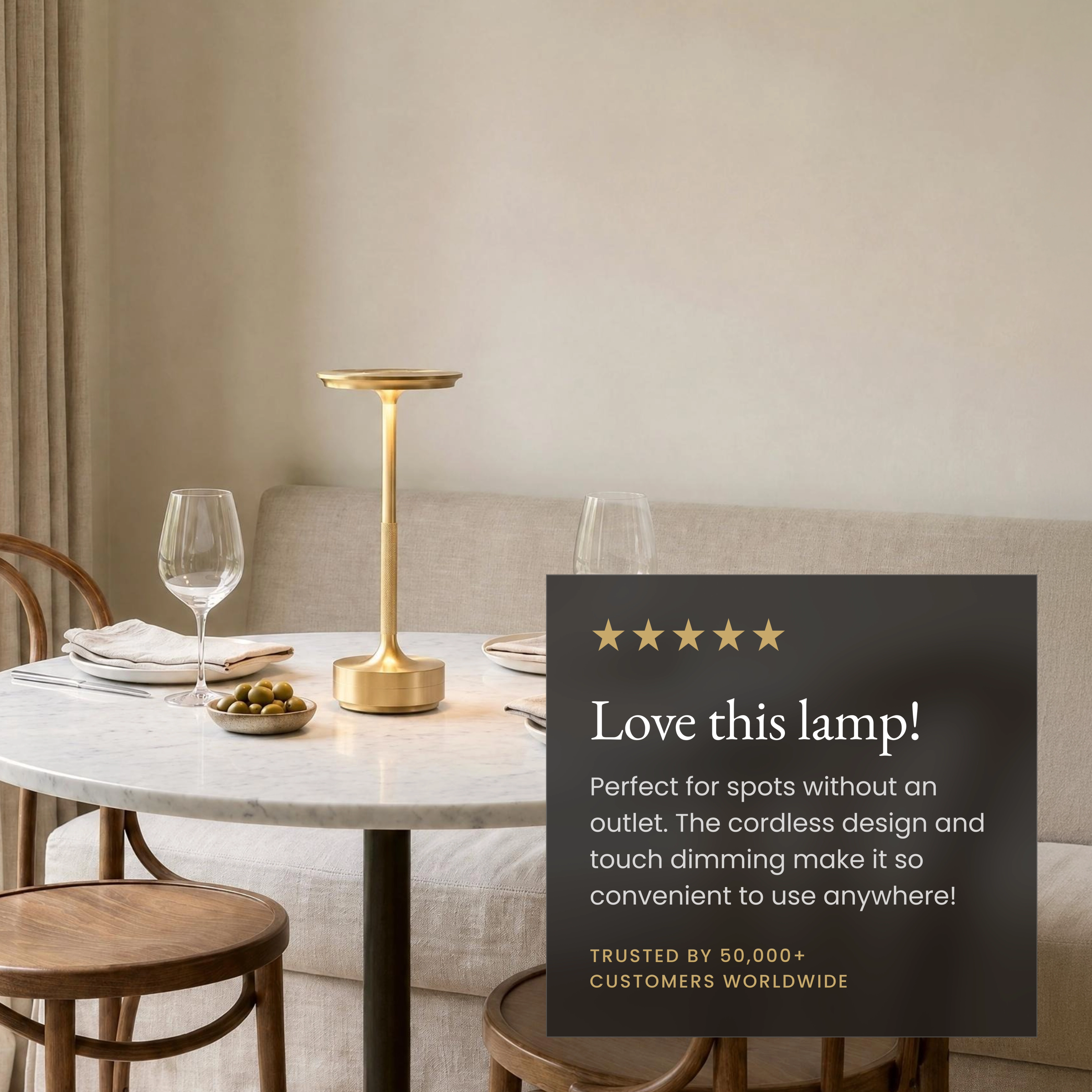 Aris brushed-gold rechargeable table lamp, slim stem with disc top on a round side table, feature callouts