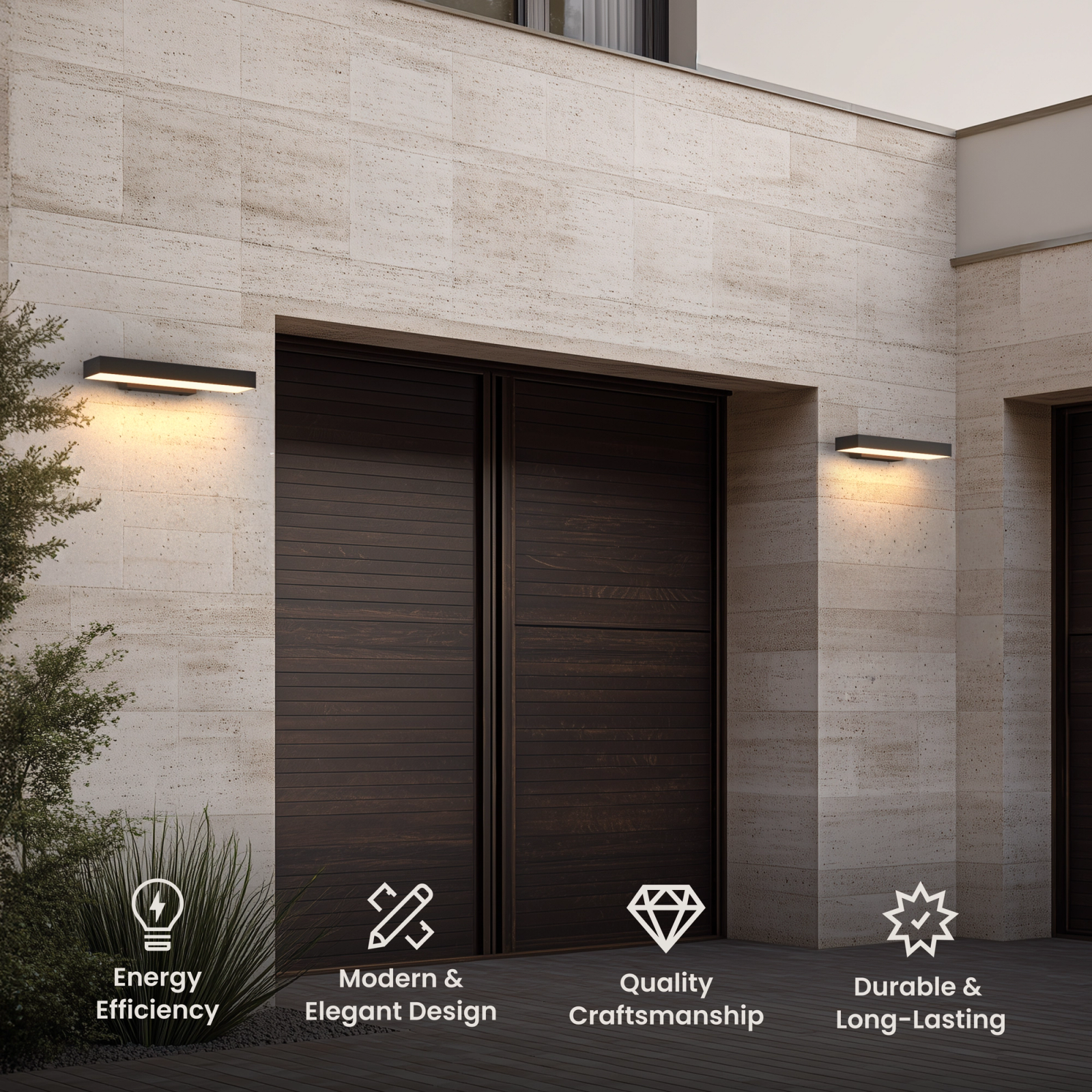 Brook Smart black horizontal outdoor sconces flanking a dark front door, with feature icons