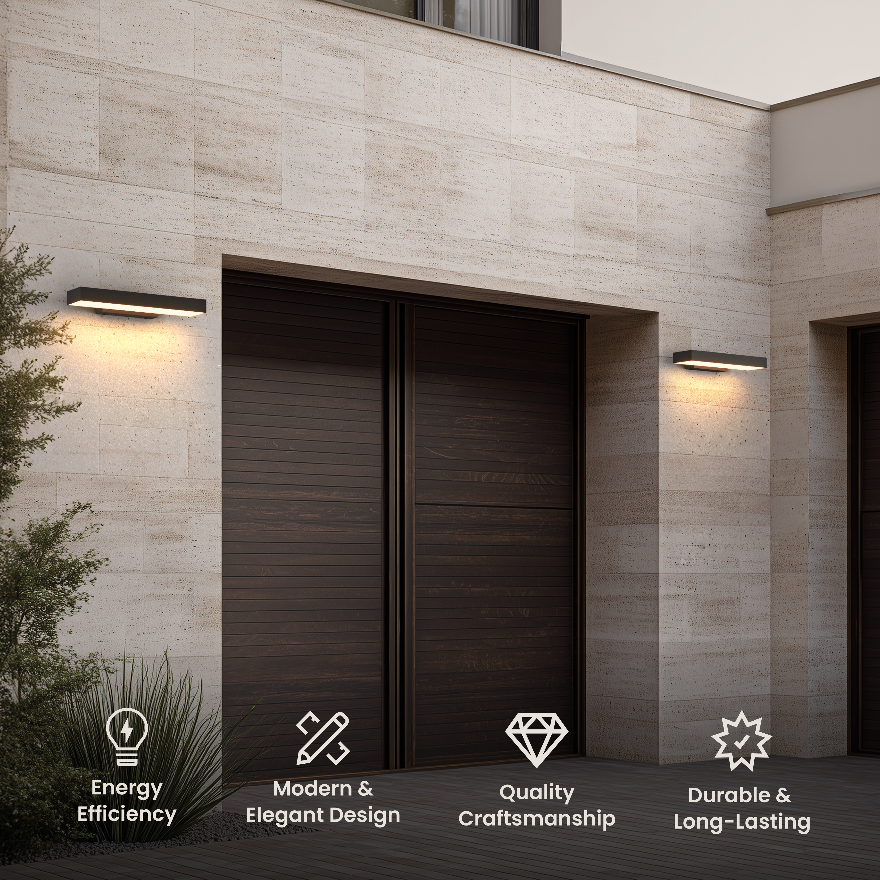Brook Smart black horizontal outdoor sconces flanking a dark front door, with feature icons