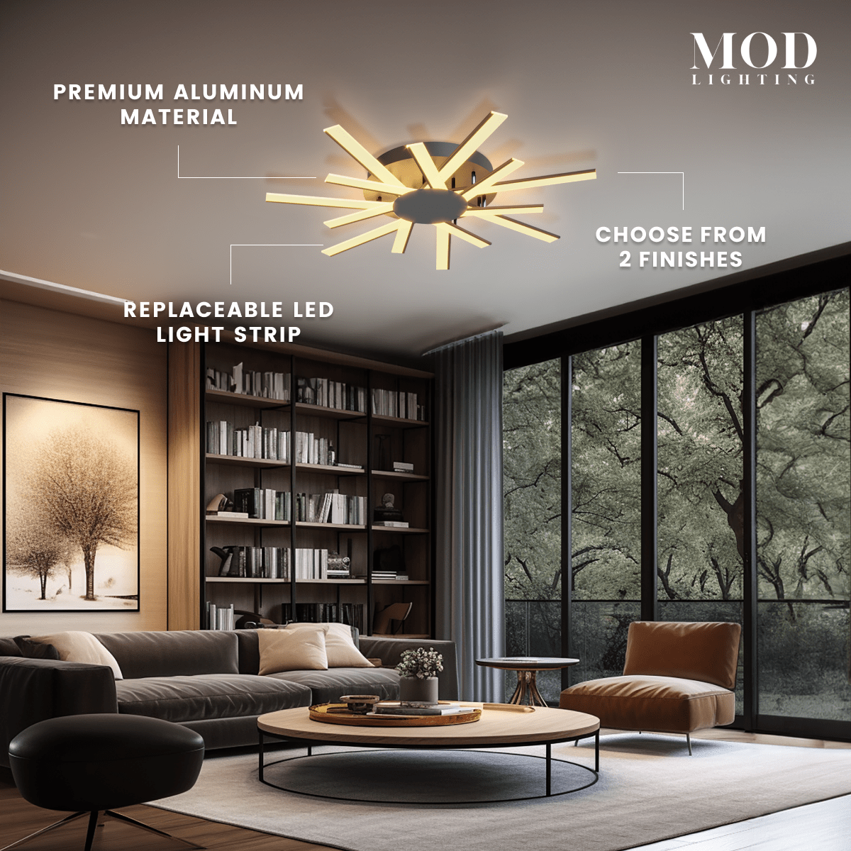 Sparkle ceiling light, gold aluminum sunburst LED strips flush-mounted in a living room