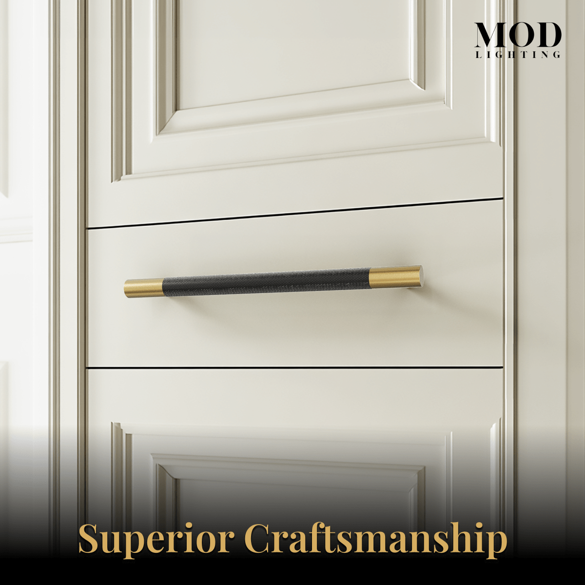 Wellington black-and-brushed-gold cabinet pull on a cream drawer front, close view, captioned superior craftsmanship