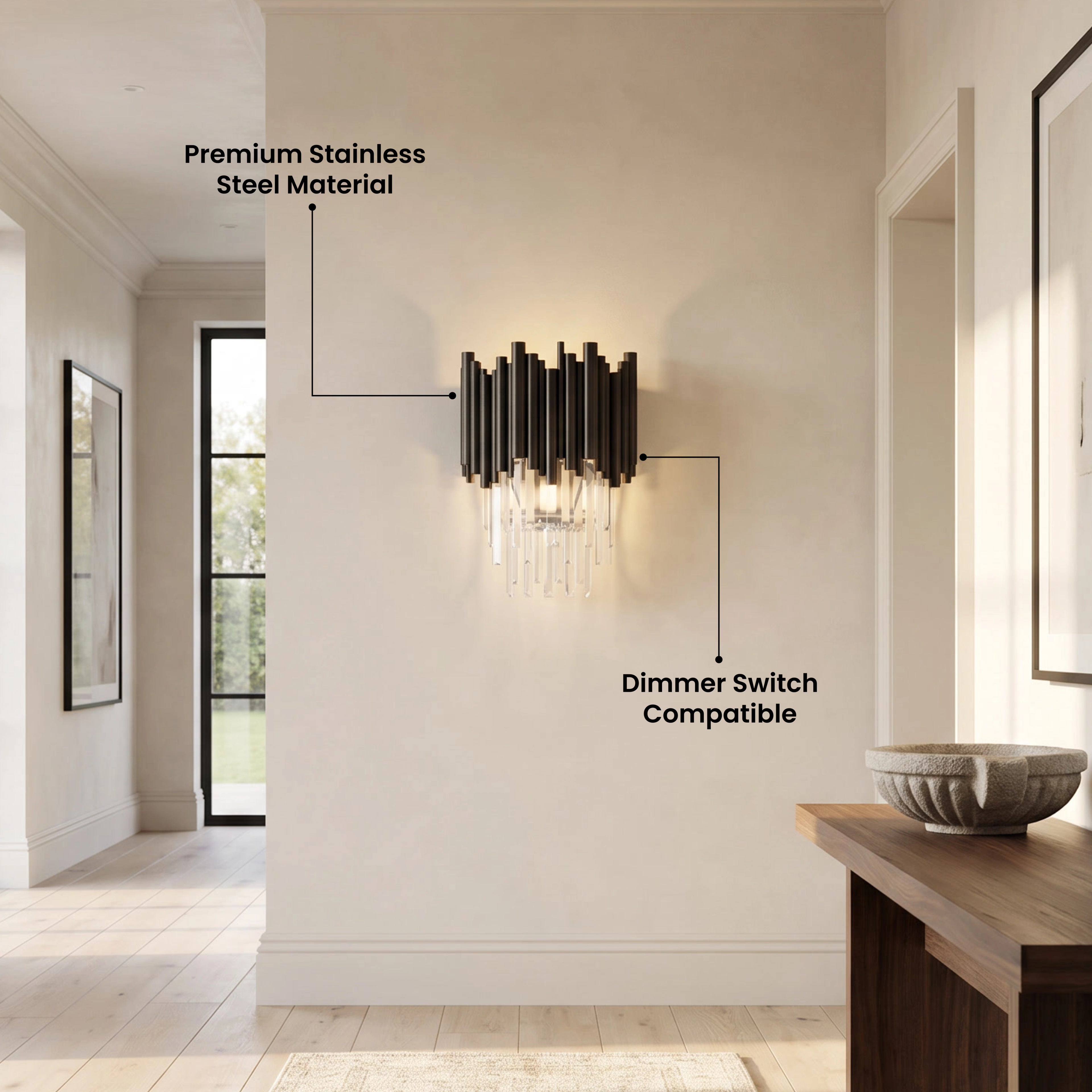 Obsidian crystal wall sconce, black tubes with crystal drops lit warm white beside a bed