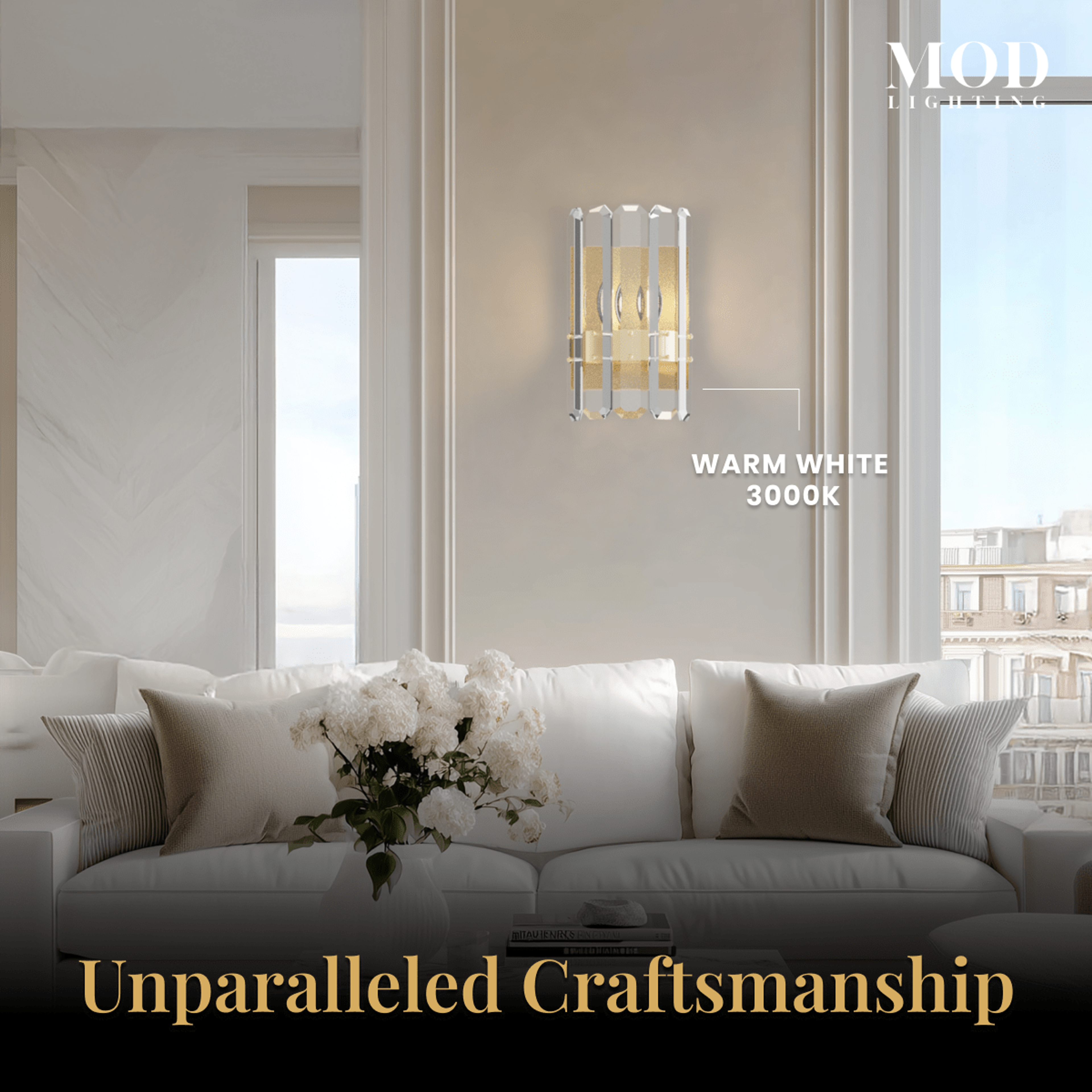 Lustre brushed-gold crystal wall sconce with faceted crystal panels on a living room wall, warm-white glow