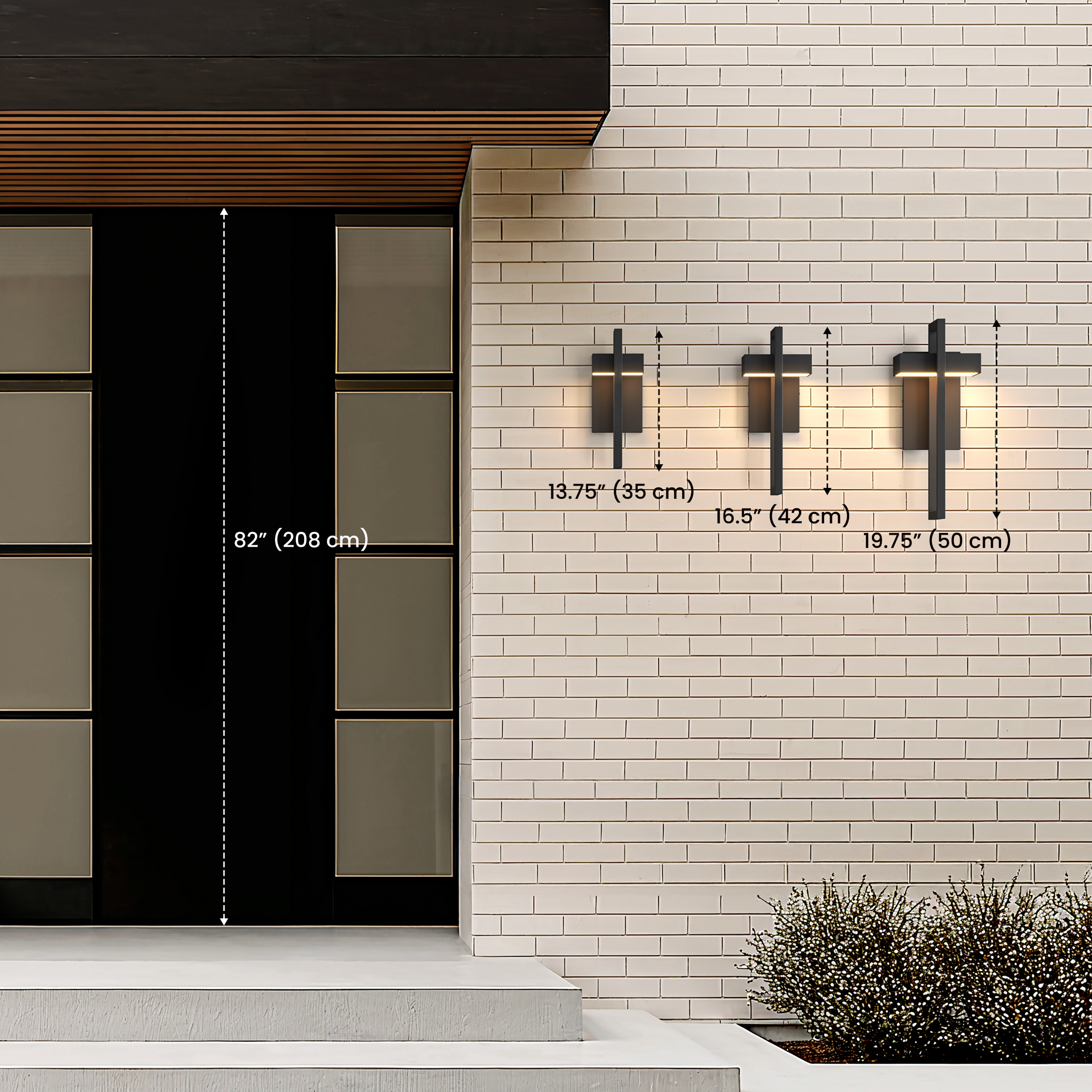 Terri black outdoor sconce trio on a brick wall, dimension callouts: 13.75 in, 16.5 in, 19.75 in tall