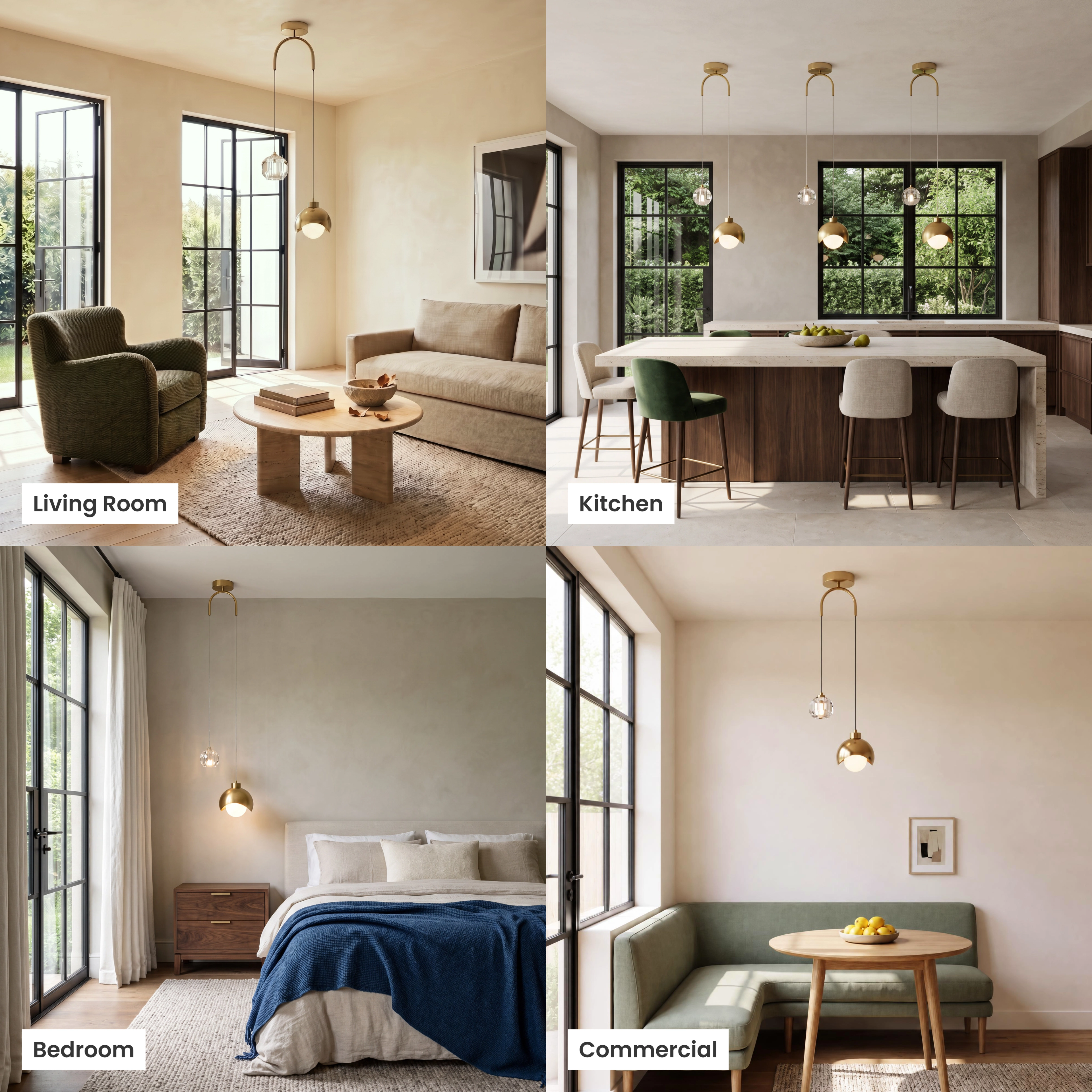 Diana gold globe pendants with faceted crystal accent, four settings: living room, dining, bedroom, commercial
