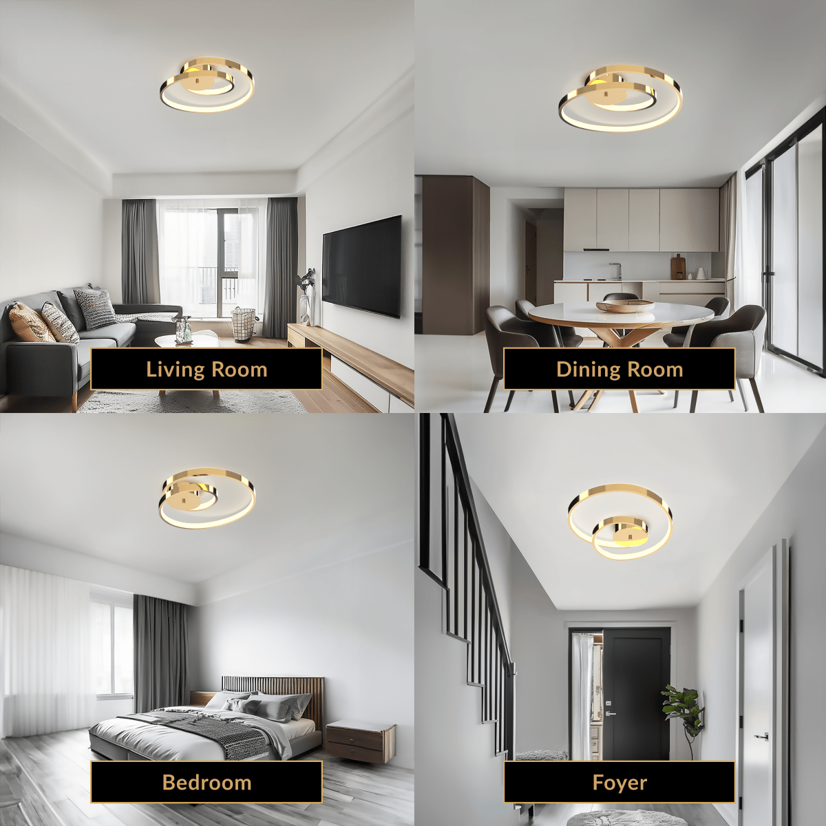Elise gold spiral-ring flush-mount ceiling light in living, dining, bedroom and foyer rooms