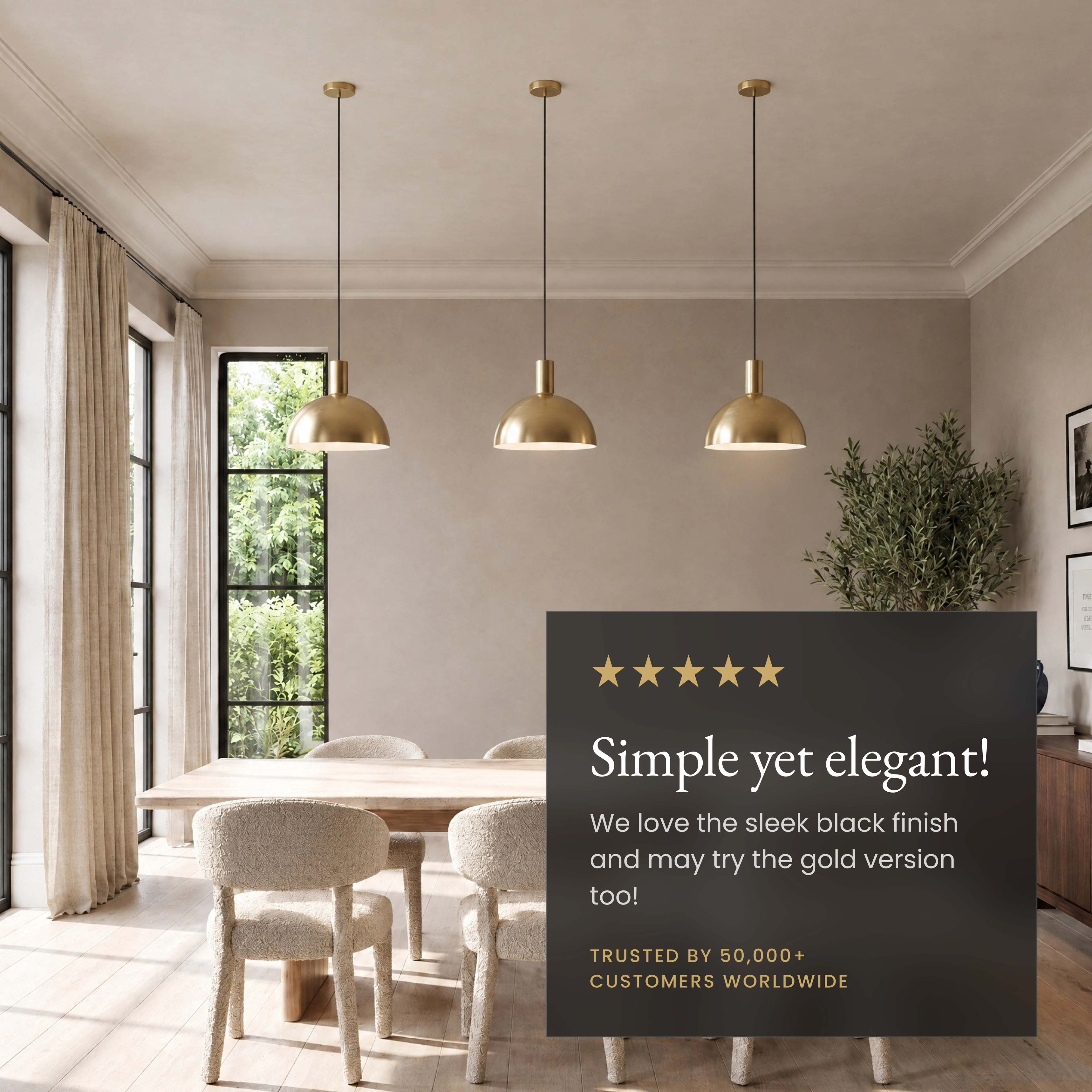 Kinsley gold dome pendant with callouts: slanted-ceiling compatible, replaceable LED, adjustable, dimmable