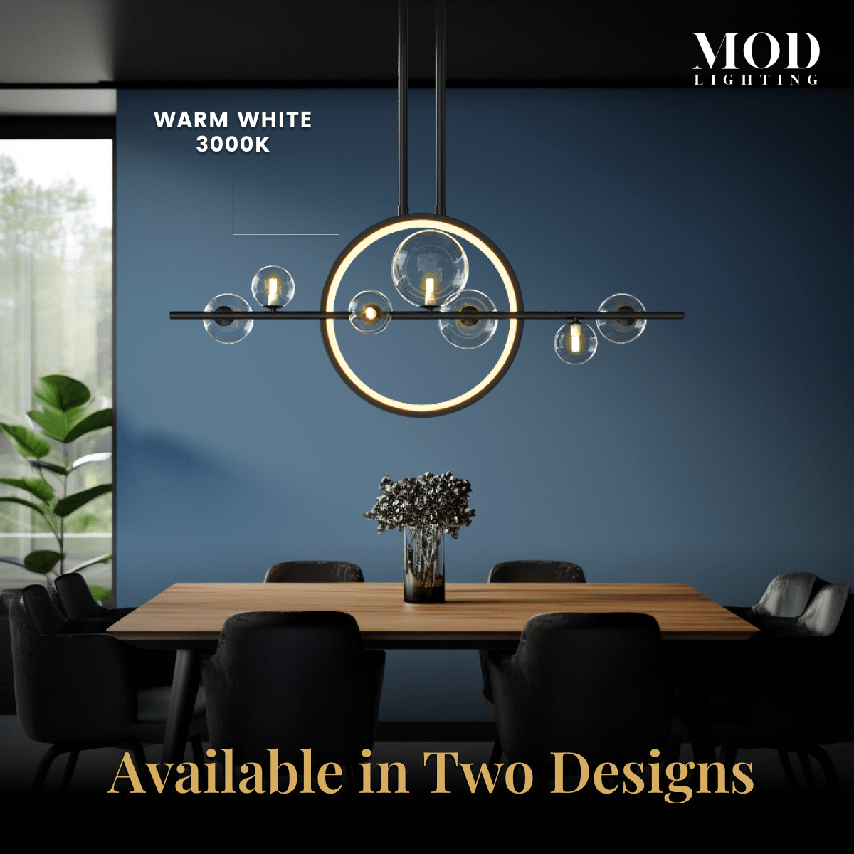 Hailey Nordic chandelier, black bar with gold ring and glass orbs, warm white, over a wood dining table