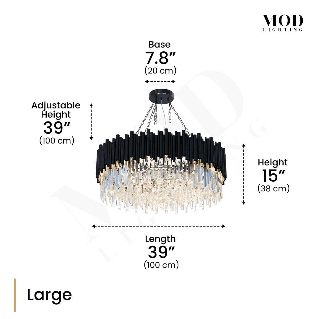 Obsidian black crystal chandelier, Large size dimension diagram: 39" length, 15" height, 39" adjustable drop