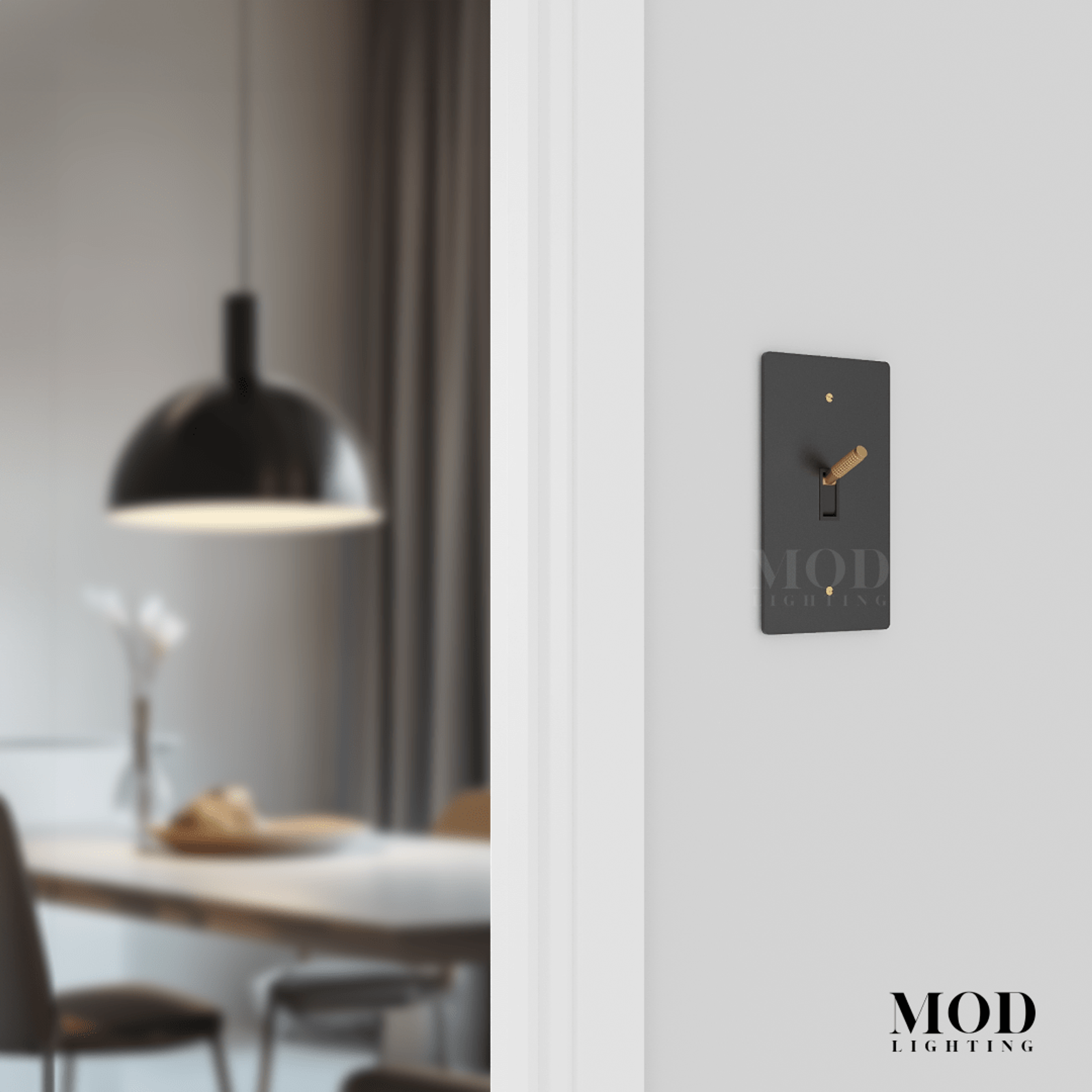 Modern Toggle Switch in matte black with brass toggle, mounted on a white wall by a dining room