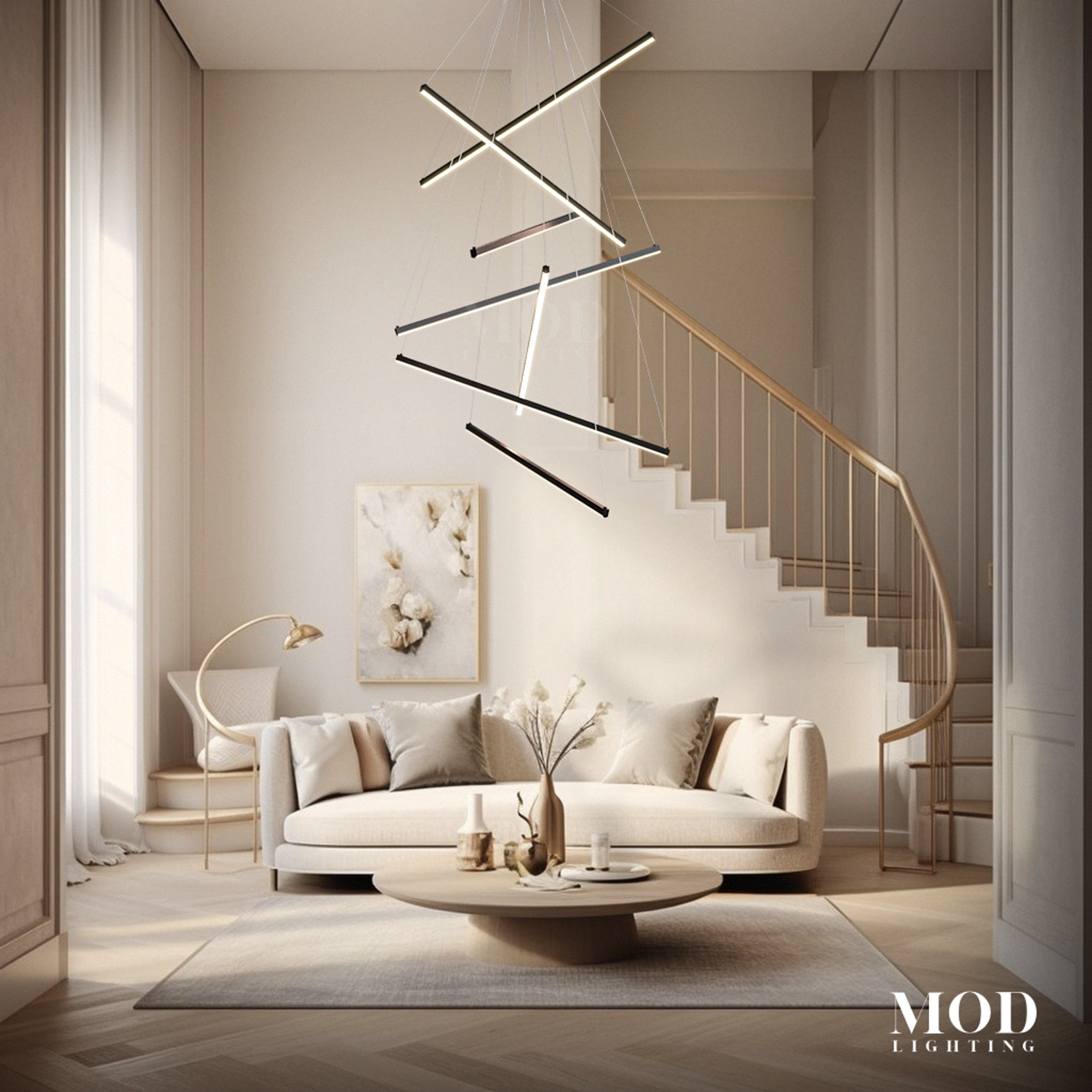 Finn black scattered-bar LED pendant descending beside a curved staircase in a bright living room