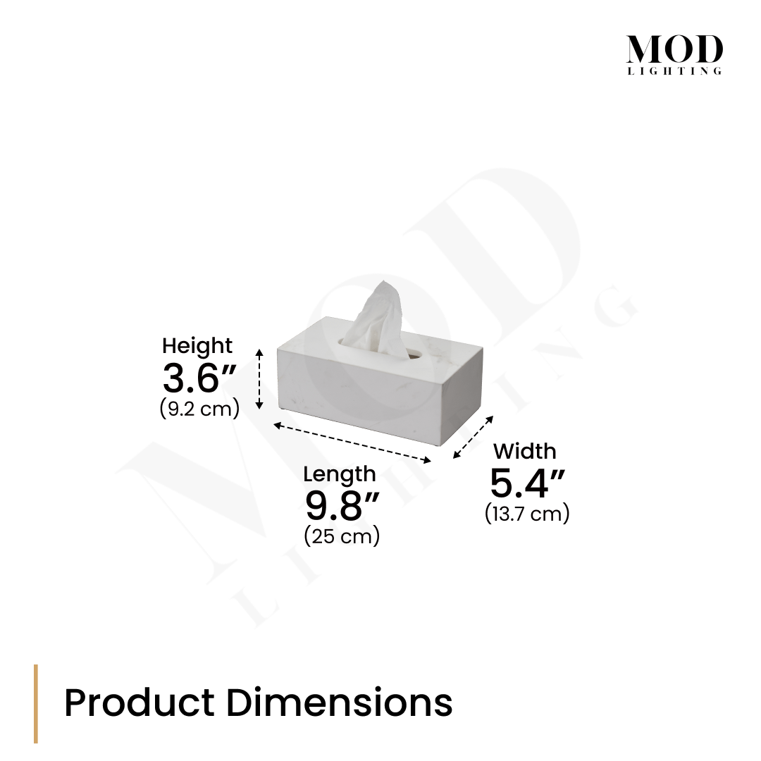 Jazz White Marble tissue box, dimension diagram: 3.6 in H, 9.8 in L, 5.4 in W