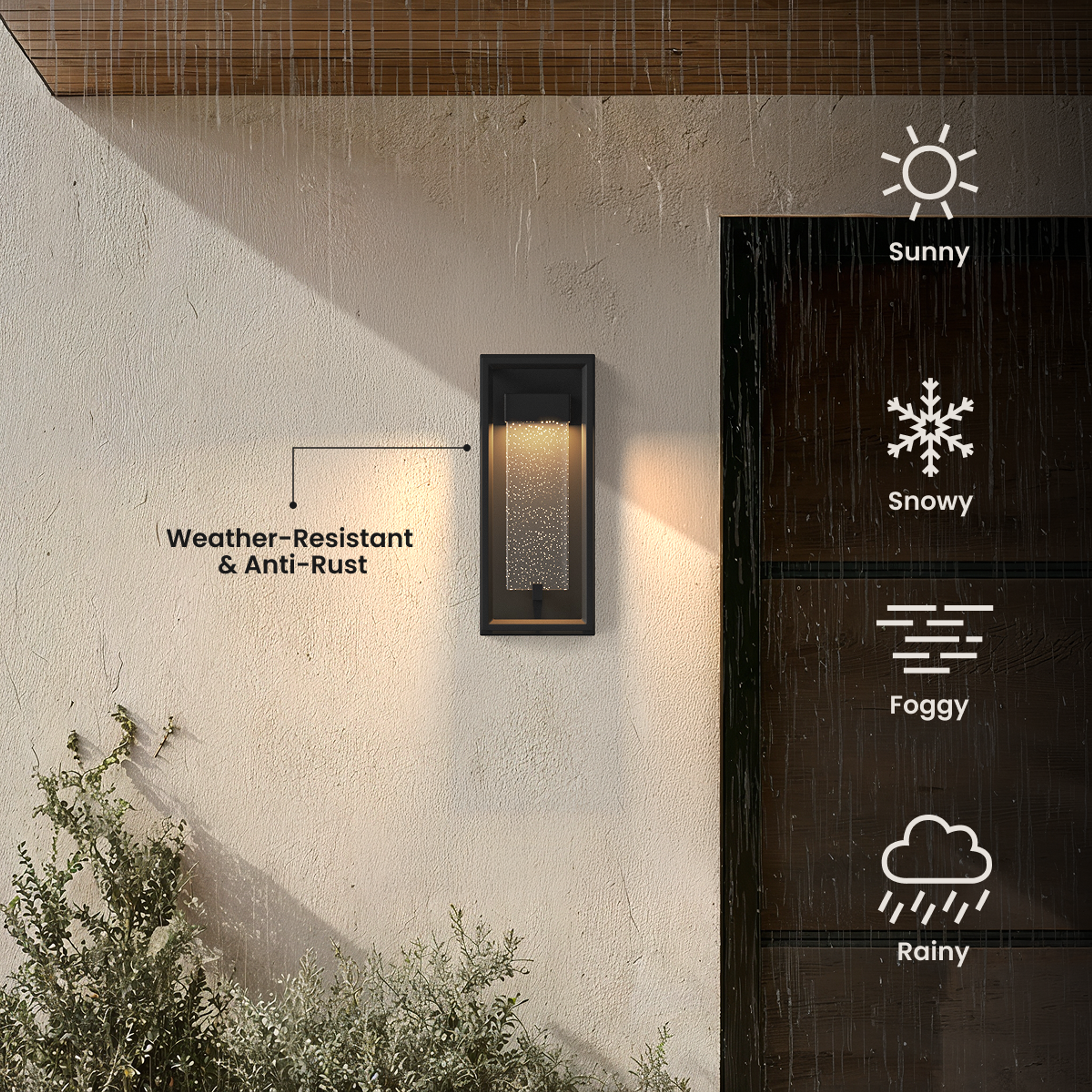 Aura black outdoor sconce on a stucco wall, weather-resistant and anti-rust callout with sunny, snowy, foggy, rainy icons