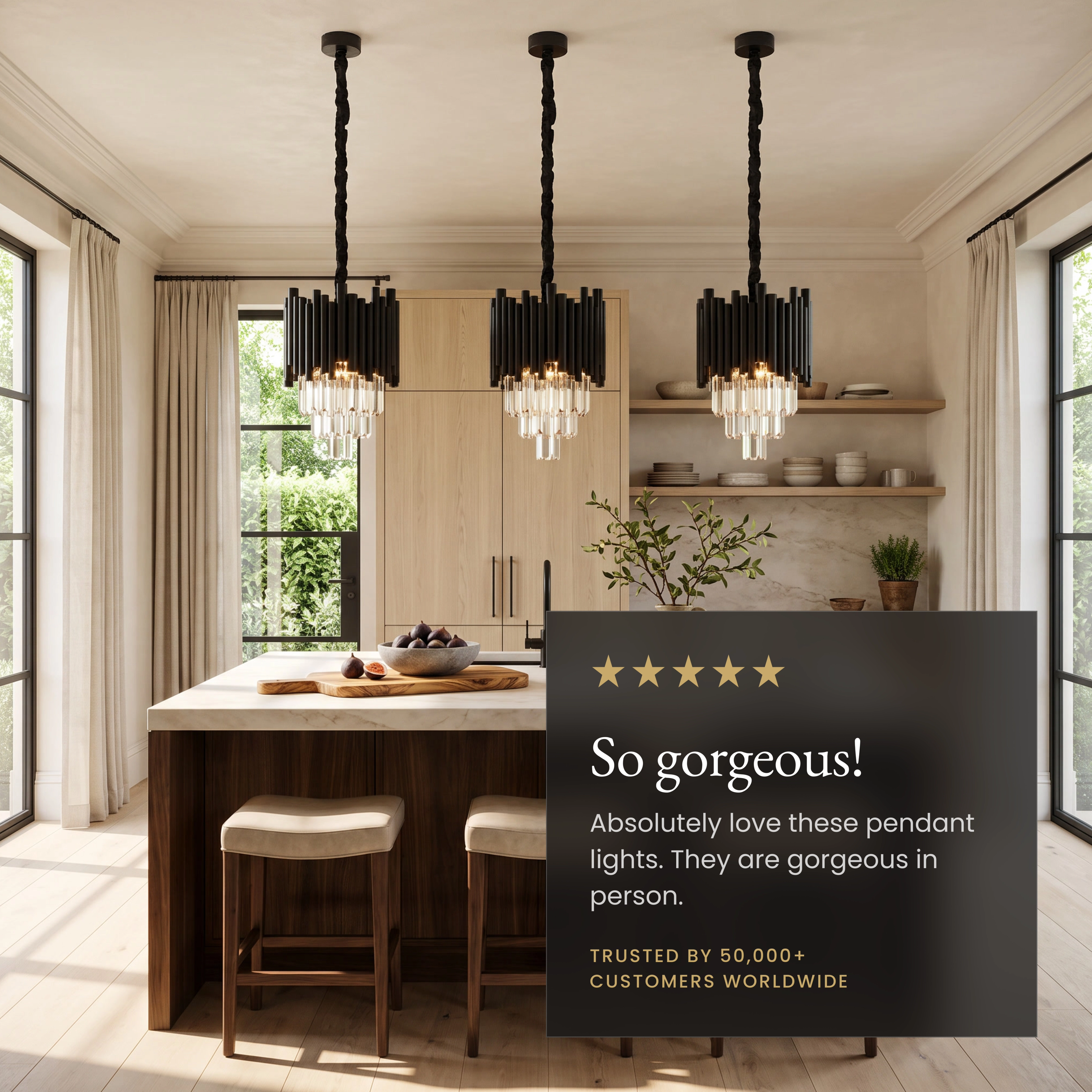 Mini Obsidian black crystal pendants over a dining table, showing dimmer, chain and slanted-ceiling features