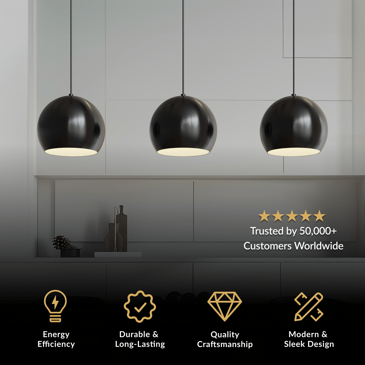 Avery, row of three black spherical dome pendants over a console in a gray room