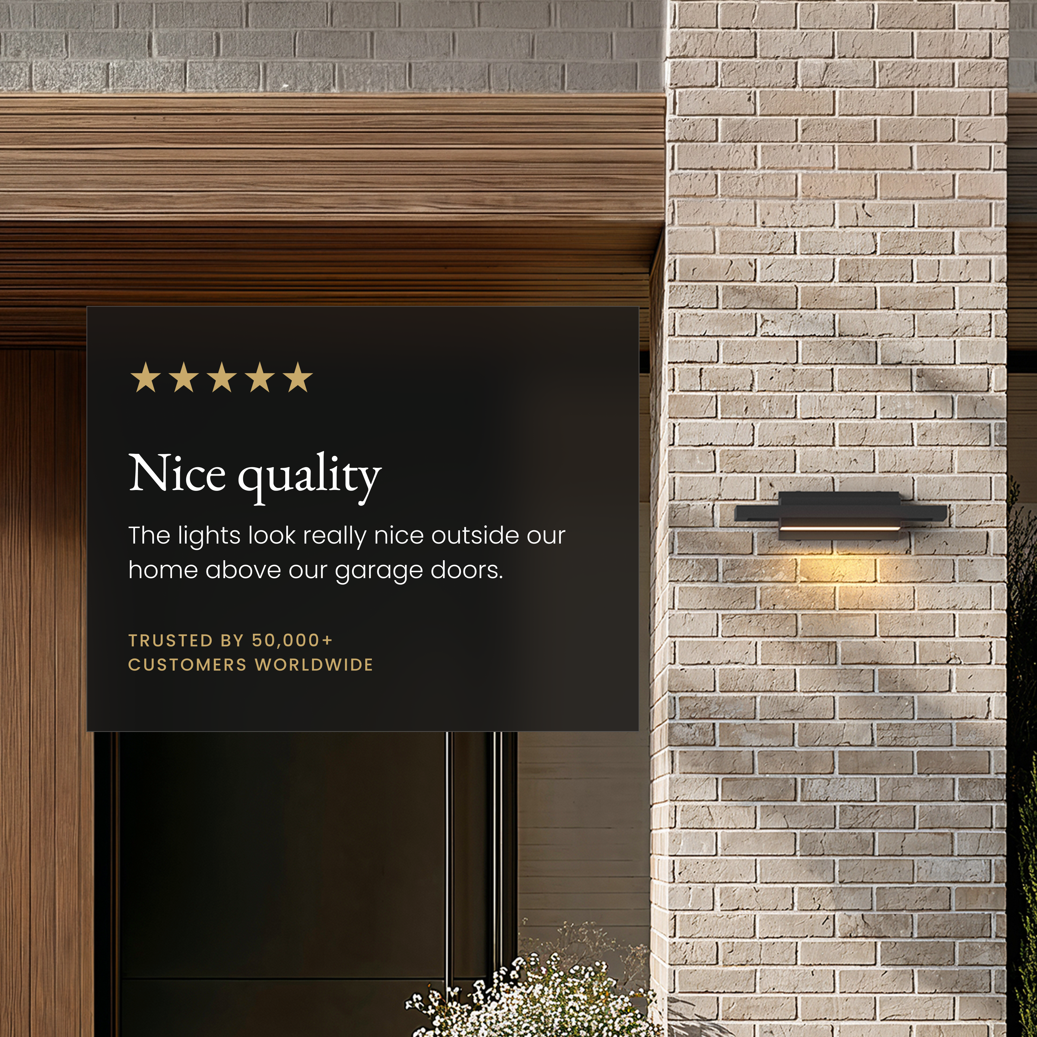 Brooklyn Smart black stainless outdoor sconce on brick beside a five-star customer review