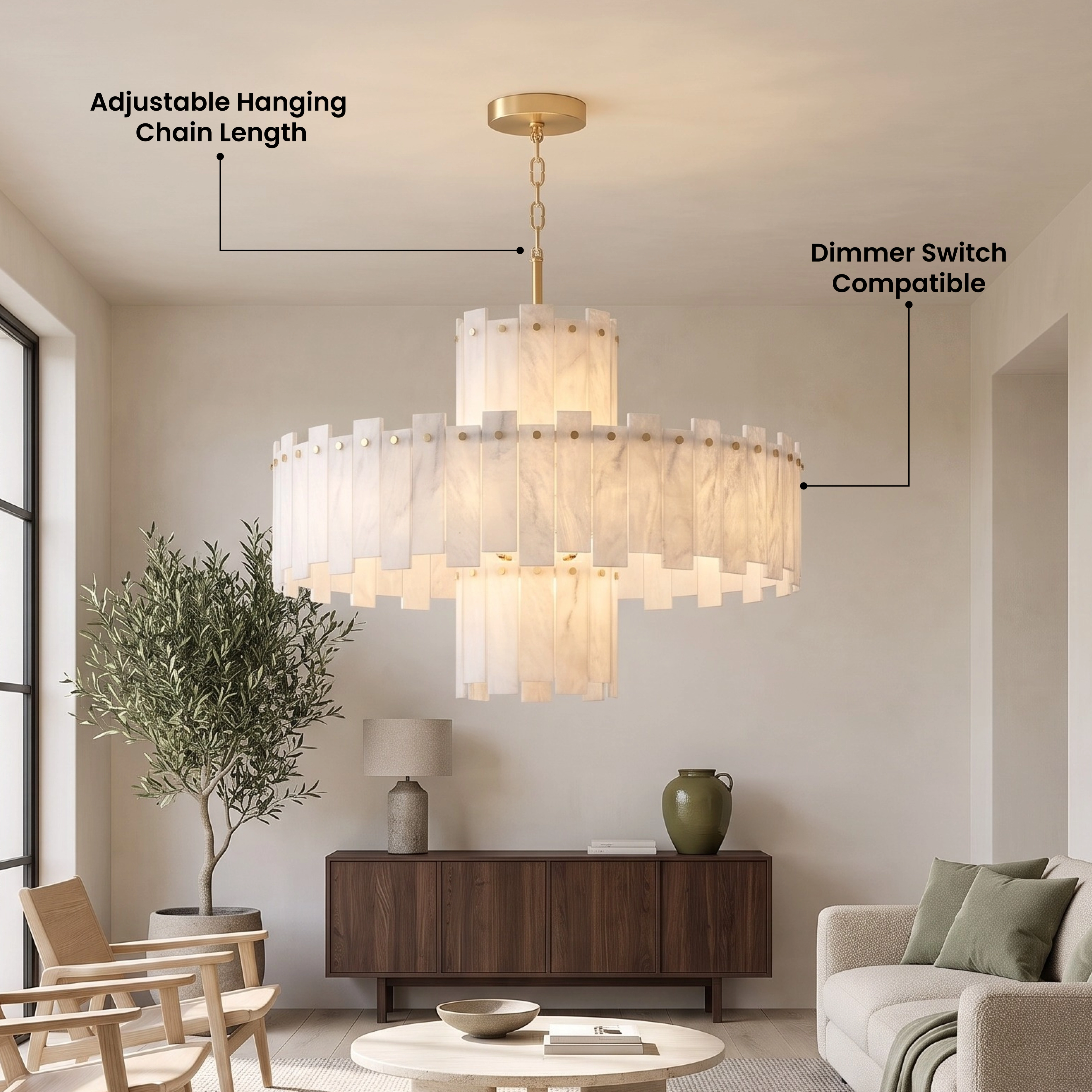 Velina gold alabaster chandelier with layered translucent panels above a bed in a neutral bedroom