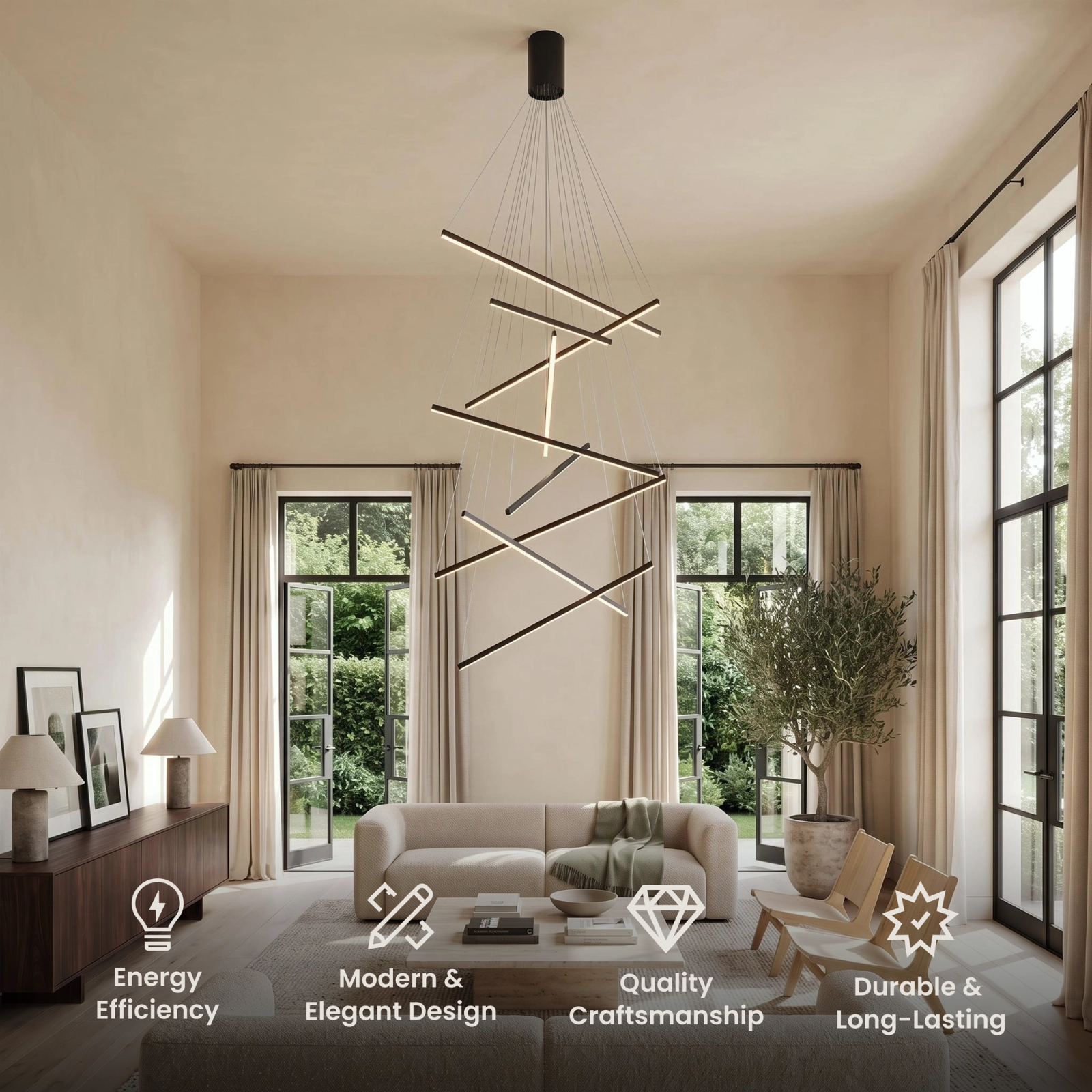 Finn black zigzag staircase chandelier of angled LED bars descending beside a staircase