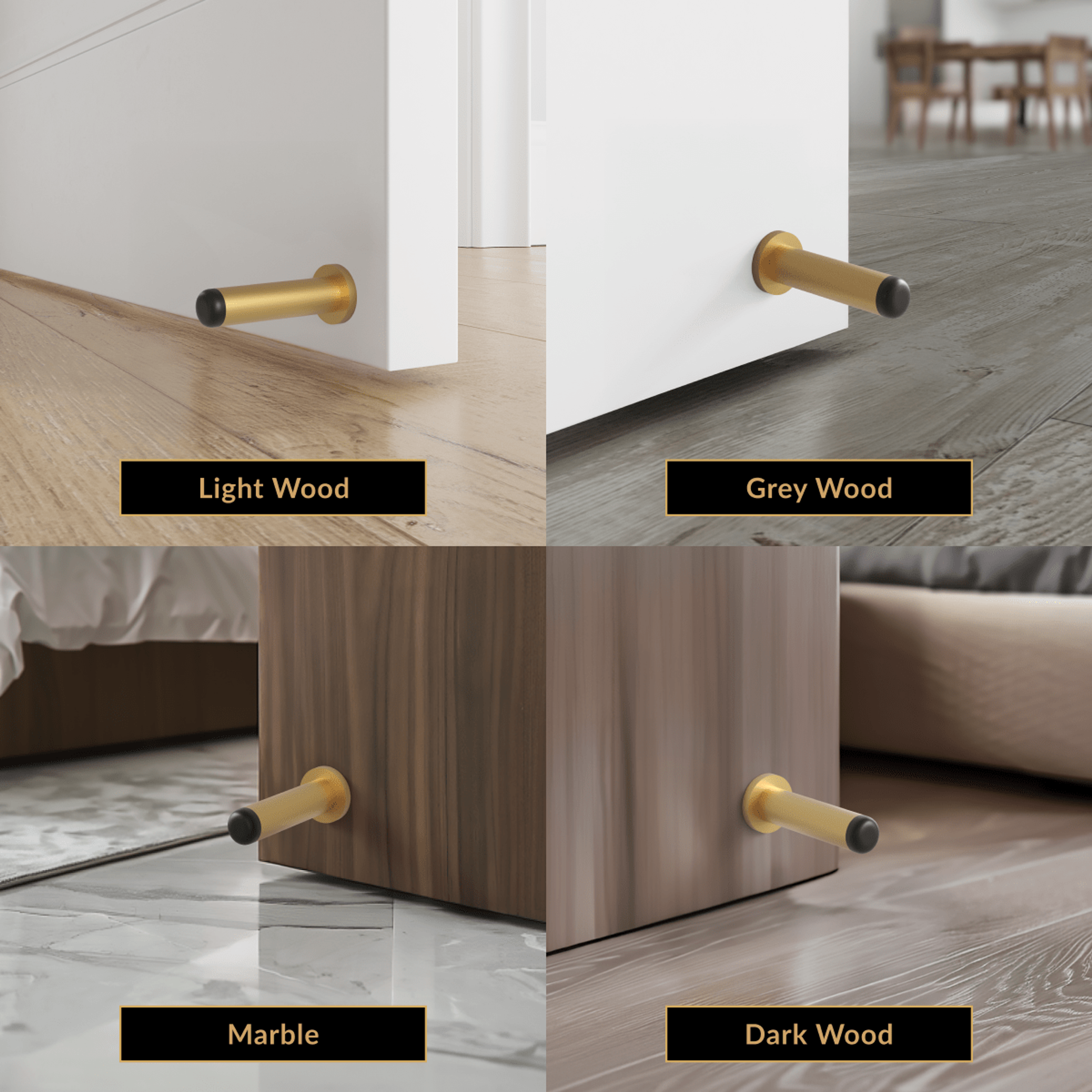 Aro door stop shown by a door over light wood, grey wood, marble and dark wood floors