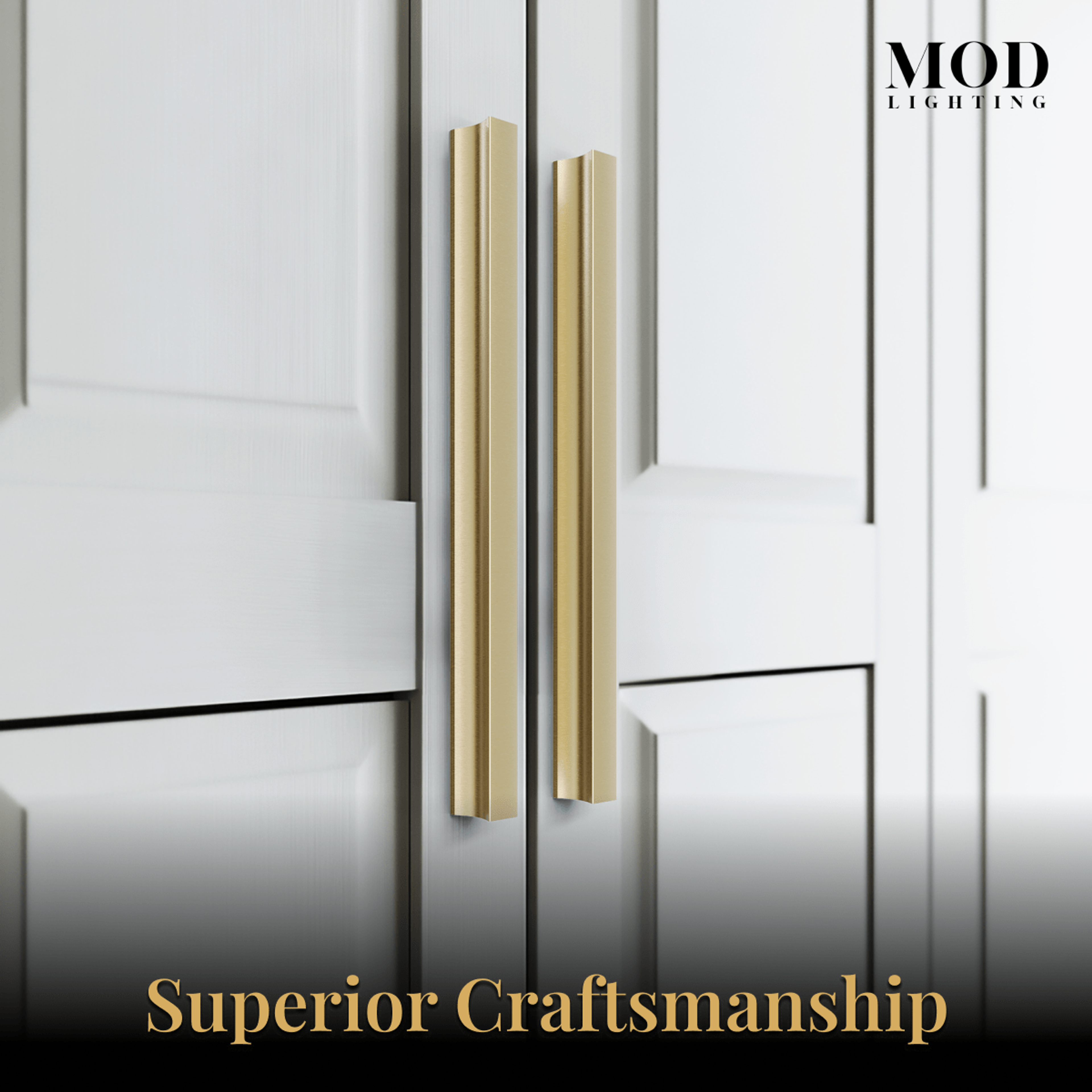Iris brushed-gold edge cabinet pulls on white cabinet doors, close view, captioned superior craftsmanship