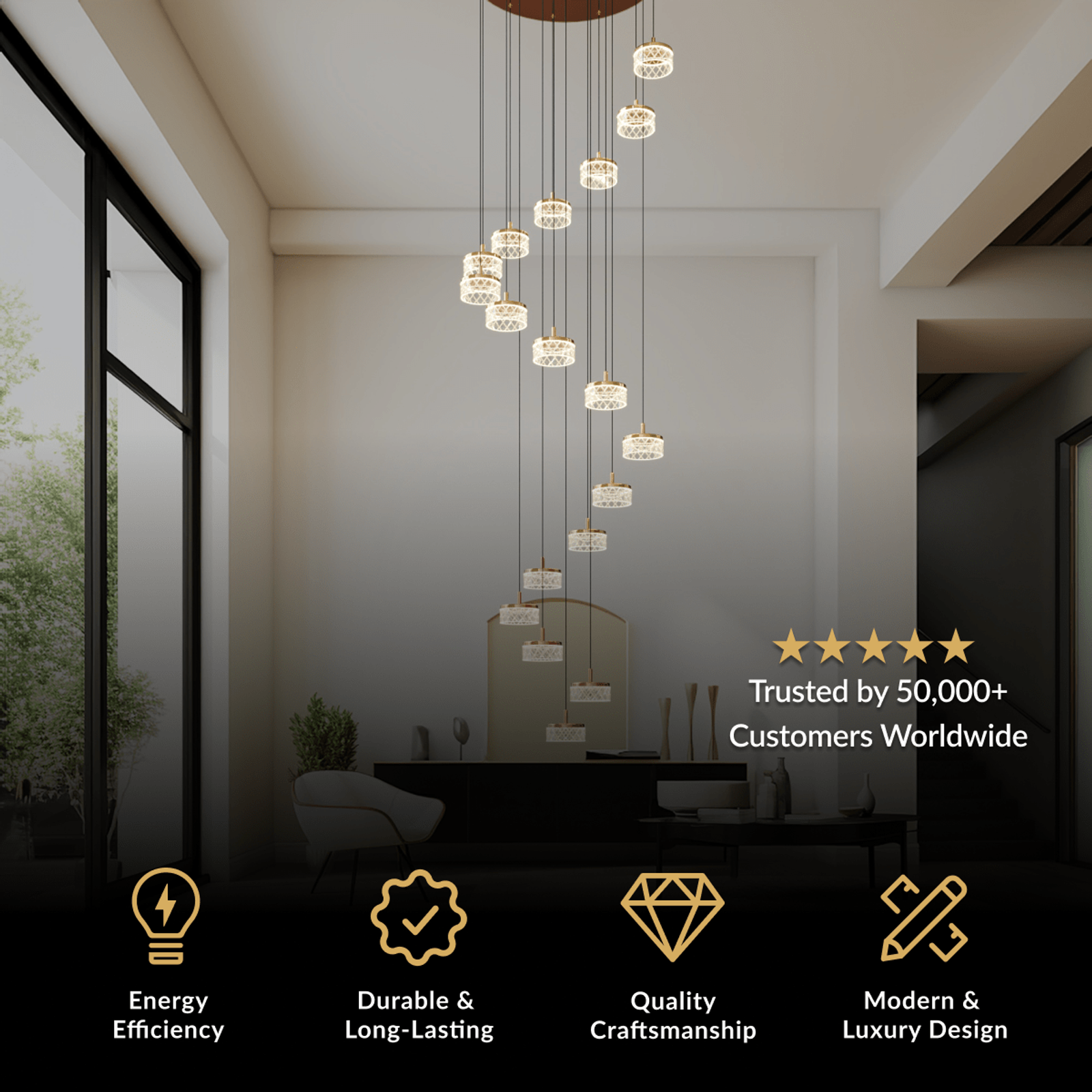 Emma Staircase Chandelier, long spiral cascade of crystal cubes over a stairwell in a bright interior