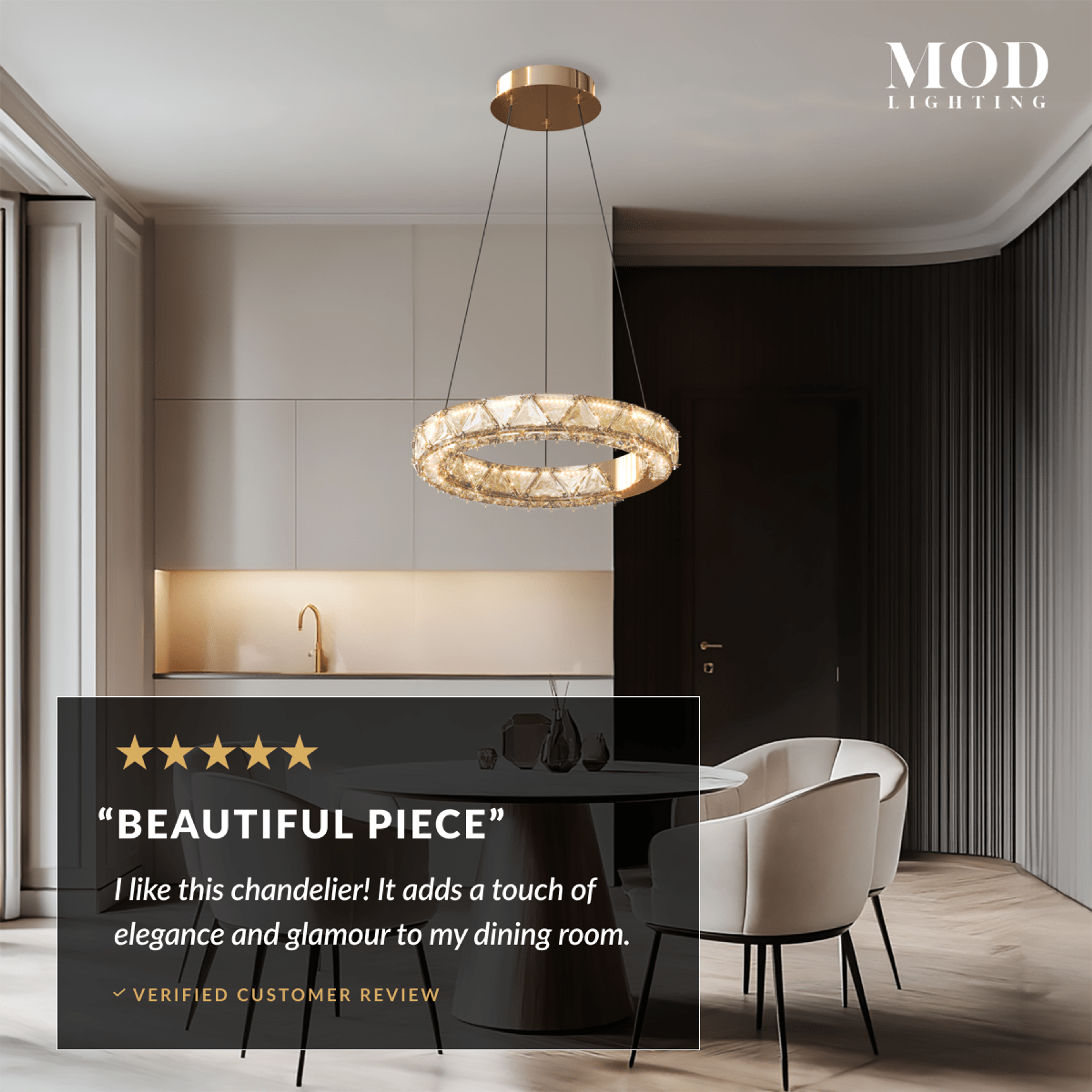 Jana crystal ring chandelier glowing above a dark dining table in a modern room