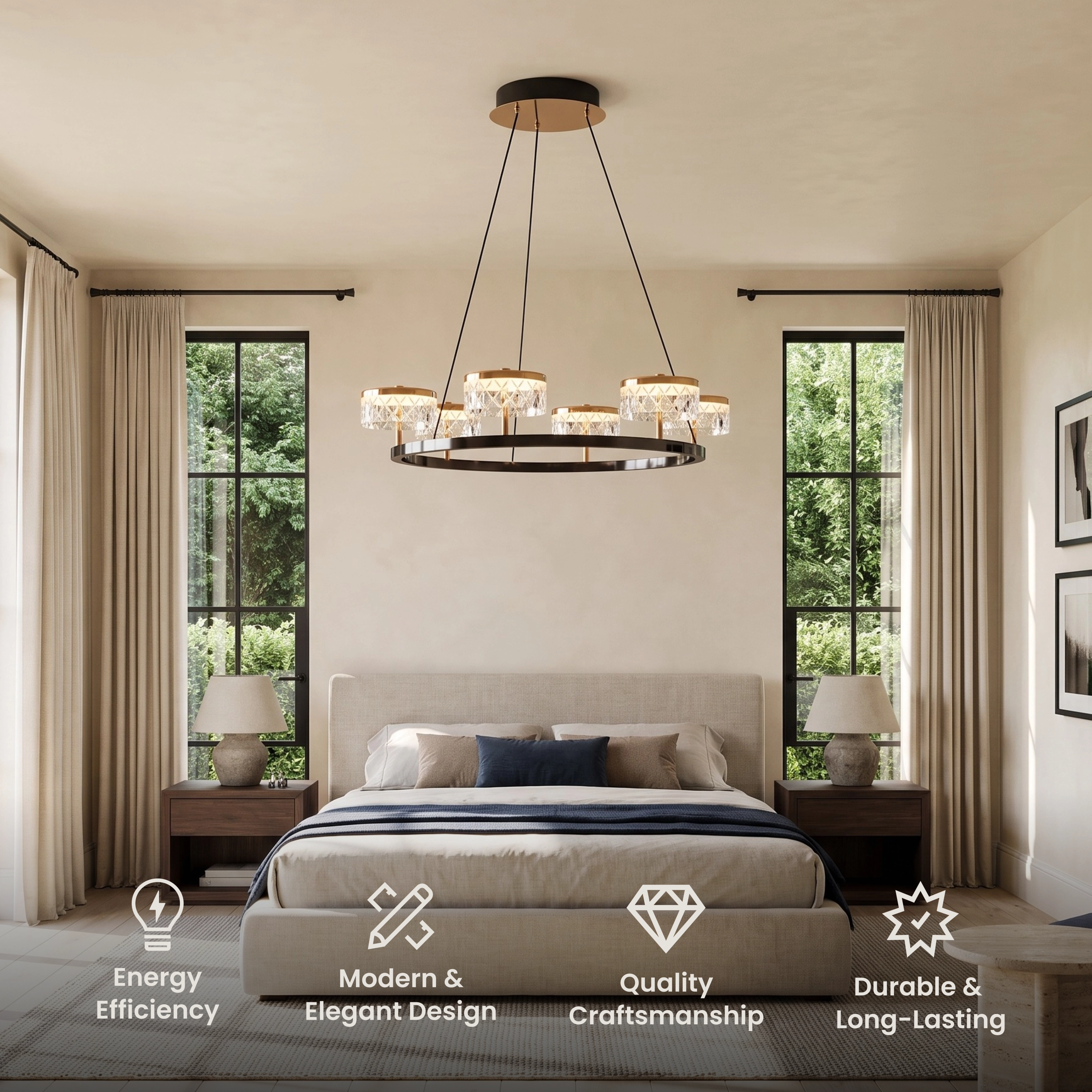 Emma Hanging Chandelier single-tier ring with crystal shades over a sofa in a gray room