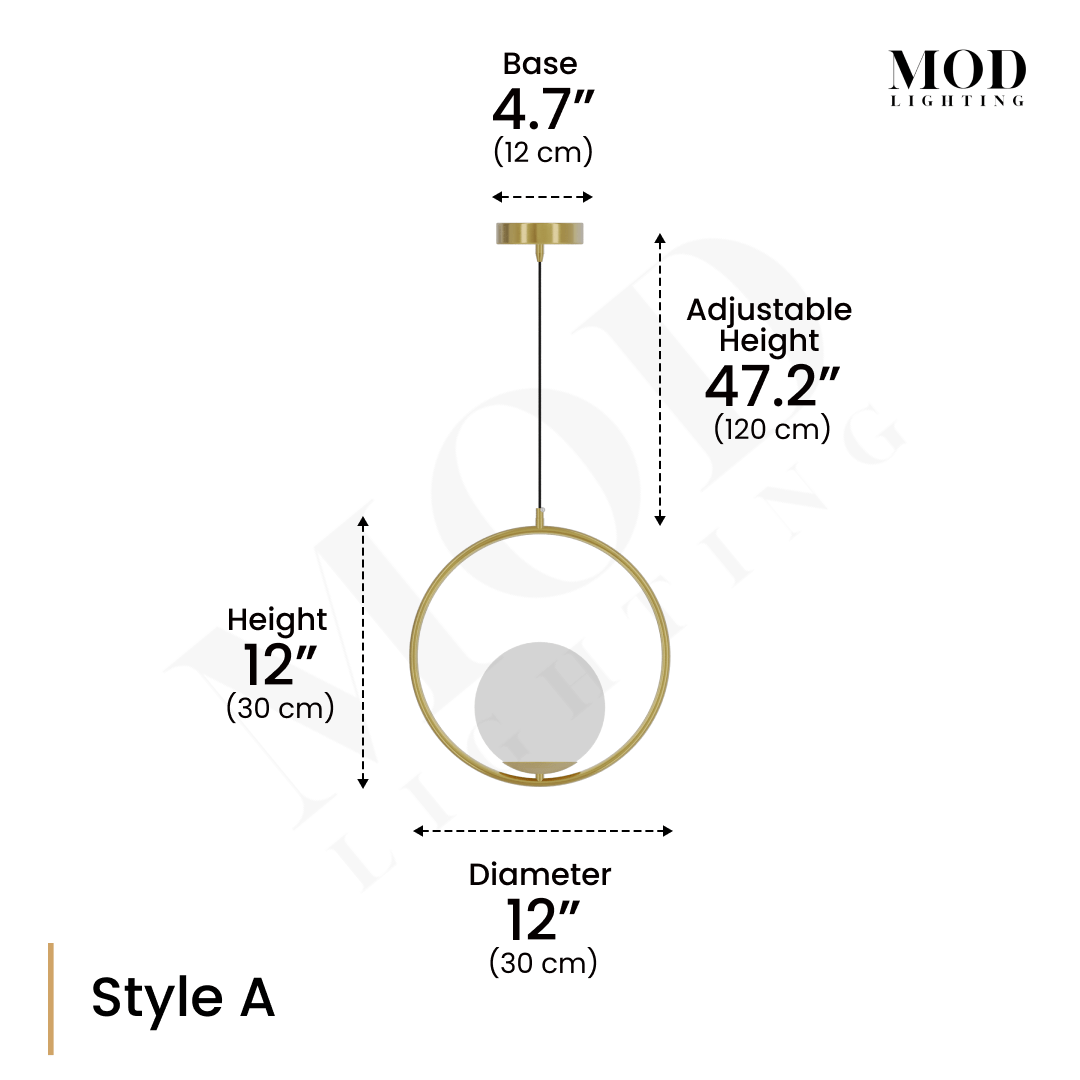 Jewels & Pearls spec diagram, Style A: gold ring frame, 12" diameter, 12" globe height