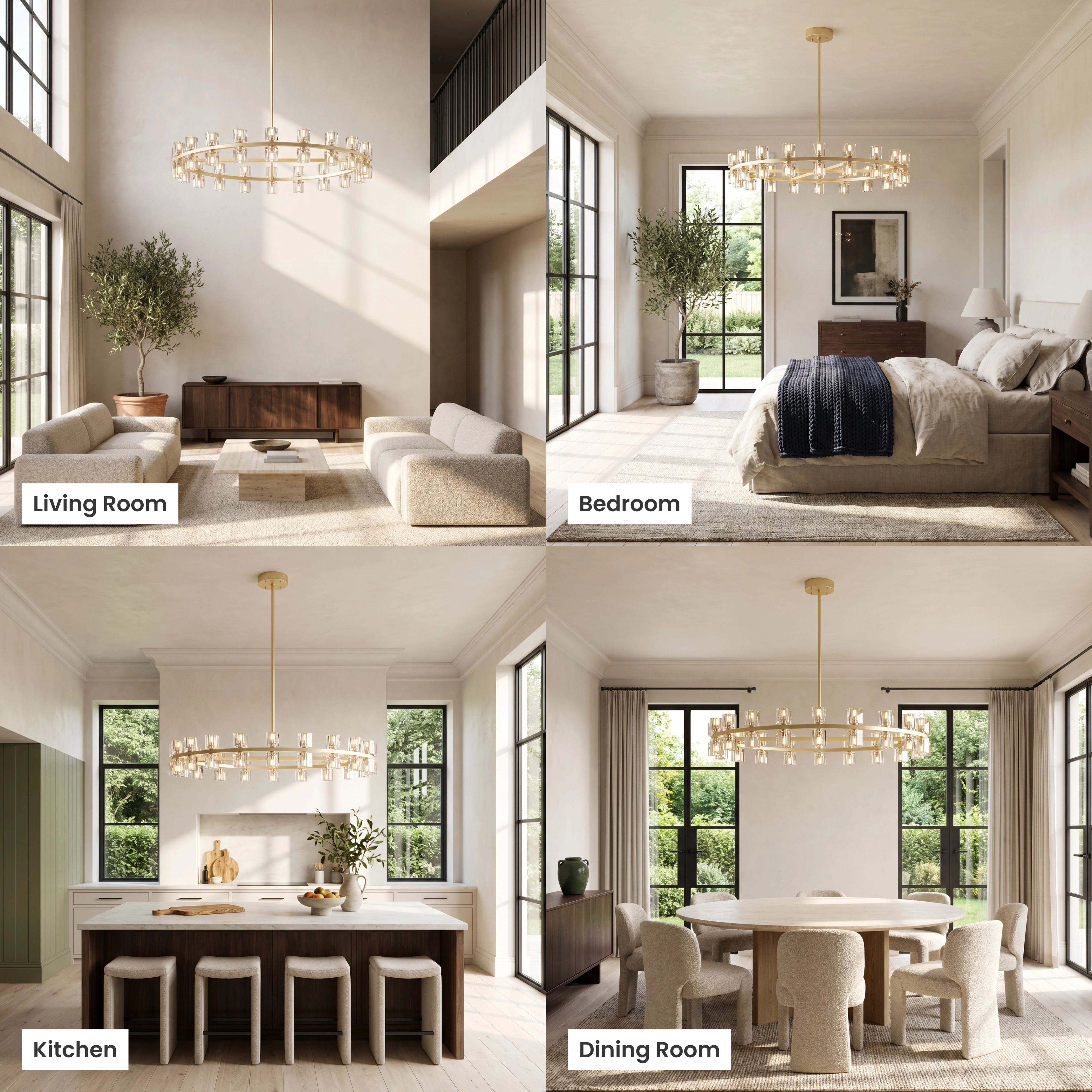 Sunrise brushed-gold ring chandelier with cube-cut crystal shades, in living room, dining, bedroom and commercial spaces