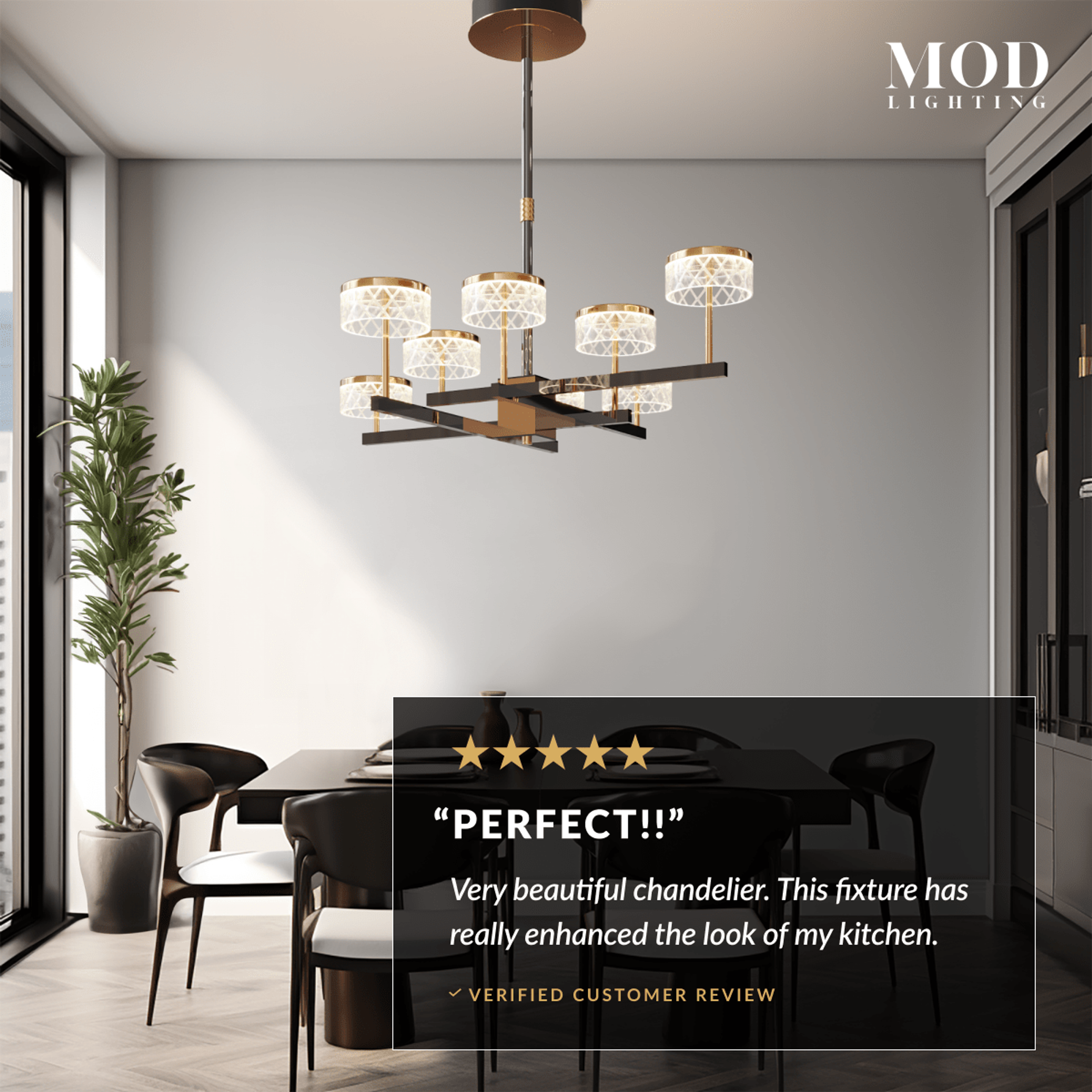 Emma black-and-gold crystal drum-shade chandelier over a dining table in a modern room