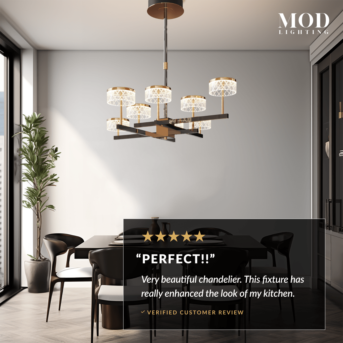 Emma black-and-gold crystal drum-shade chandelier over a dining table in a modern room