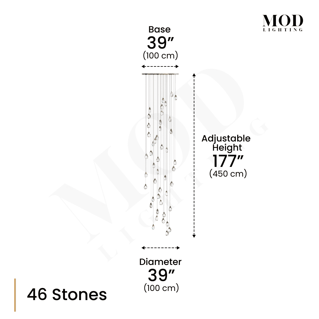 Hailstone dimension diagram, 46 faceted crystal stones, 39" base and diameter, 177" adjustable height