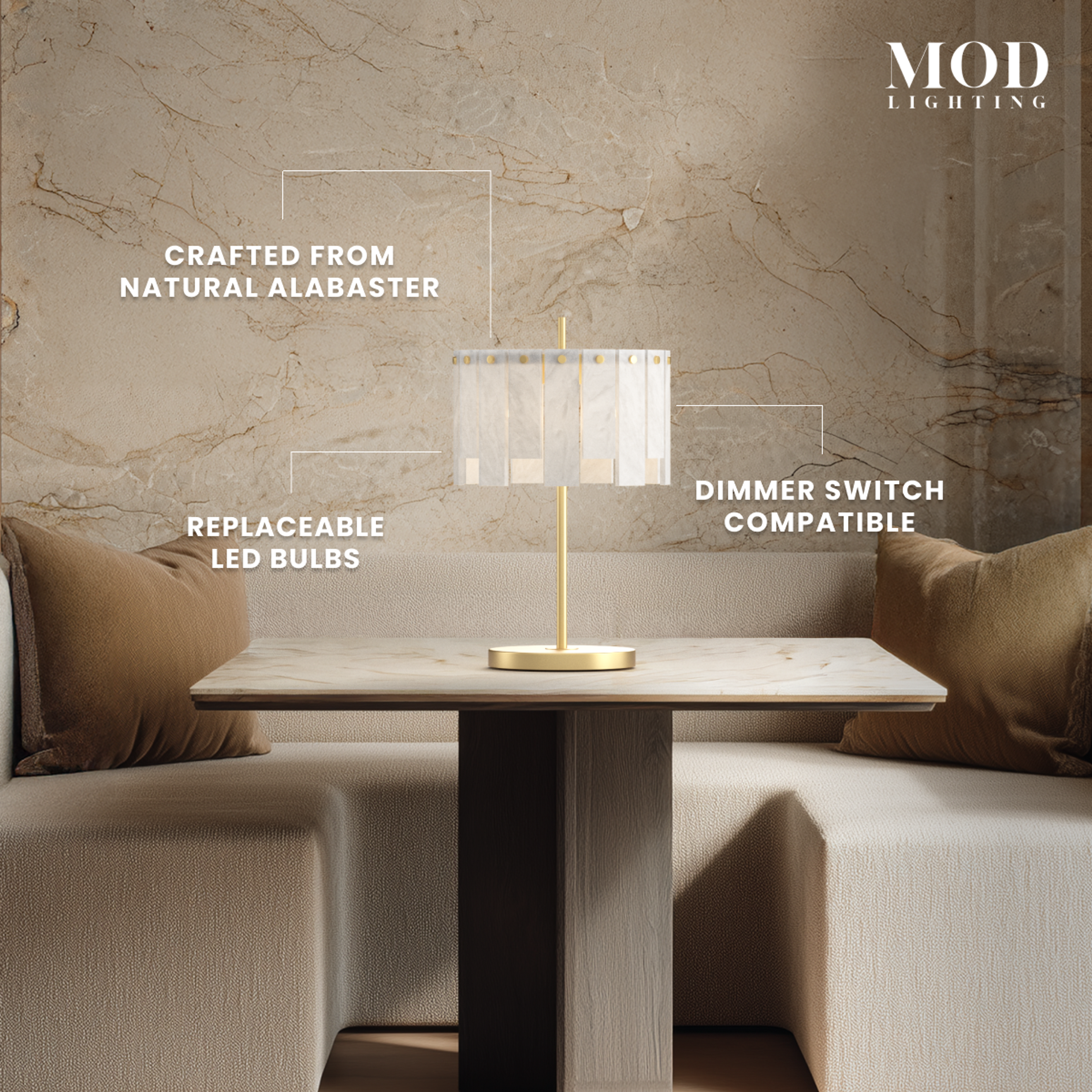 Velina Table Lamp gold base with cylindrical panelled alabaster shade on a marble dining table